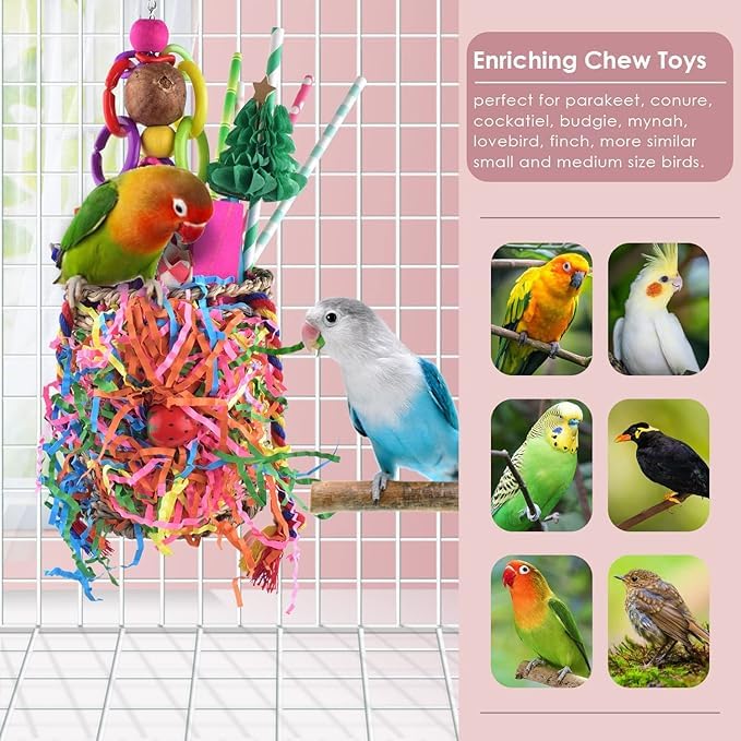 Image of KUTKUT Hanging Bird Foraging Toys, Natural Grass Basket with Shredding Papers, Wooden Blocks & Colourful Chew Toys for Parakeets, Cockatiels, Conures, Small and Medium Bird Cage Accessories