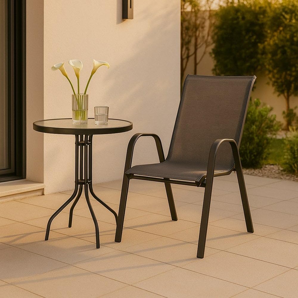 LOLAhome Set de 4 Sillas de Jardín de Acero Gris Topo y Textileno Antracita | Resistentes: Acero anticorrosión, Textileno Doble | Transpirables, Apliables | Soporta 110 Kg | 55x72x90 cm | Classic