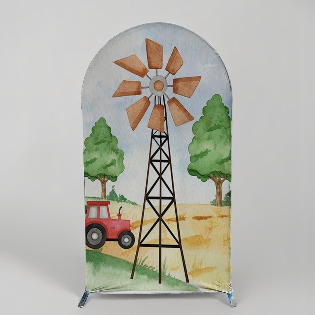 Fienile Farm Windmill Arches Sfondo Copertura per bambini Mucche Compleanno Bomboniere Arch Stand Elastico Tessuto Coperture Baby Shower Party Forniture Tovaglia Decorazioni 0,9 x 1,8 m