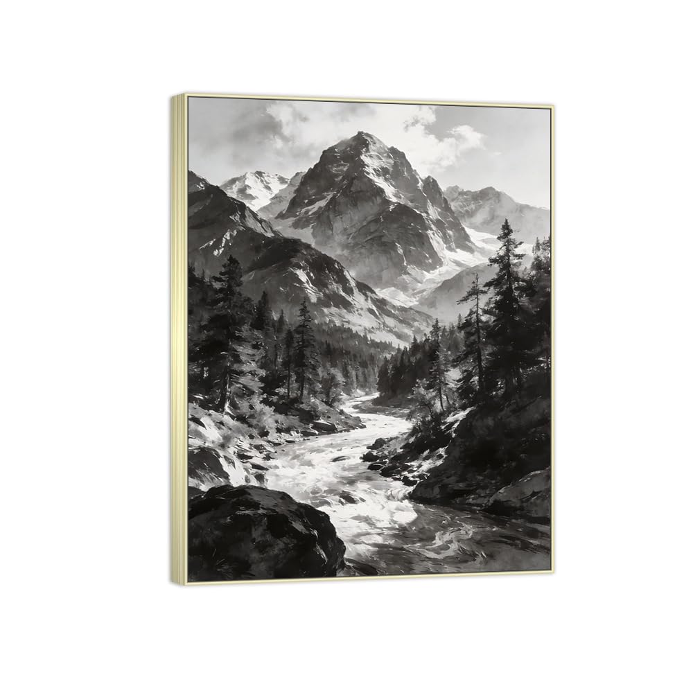 Tree River Black White Landscape Canvas Picture 90x117cm Silver Frame