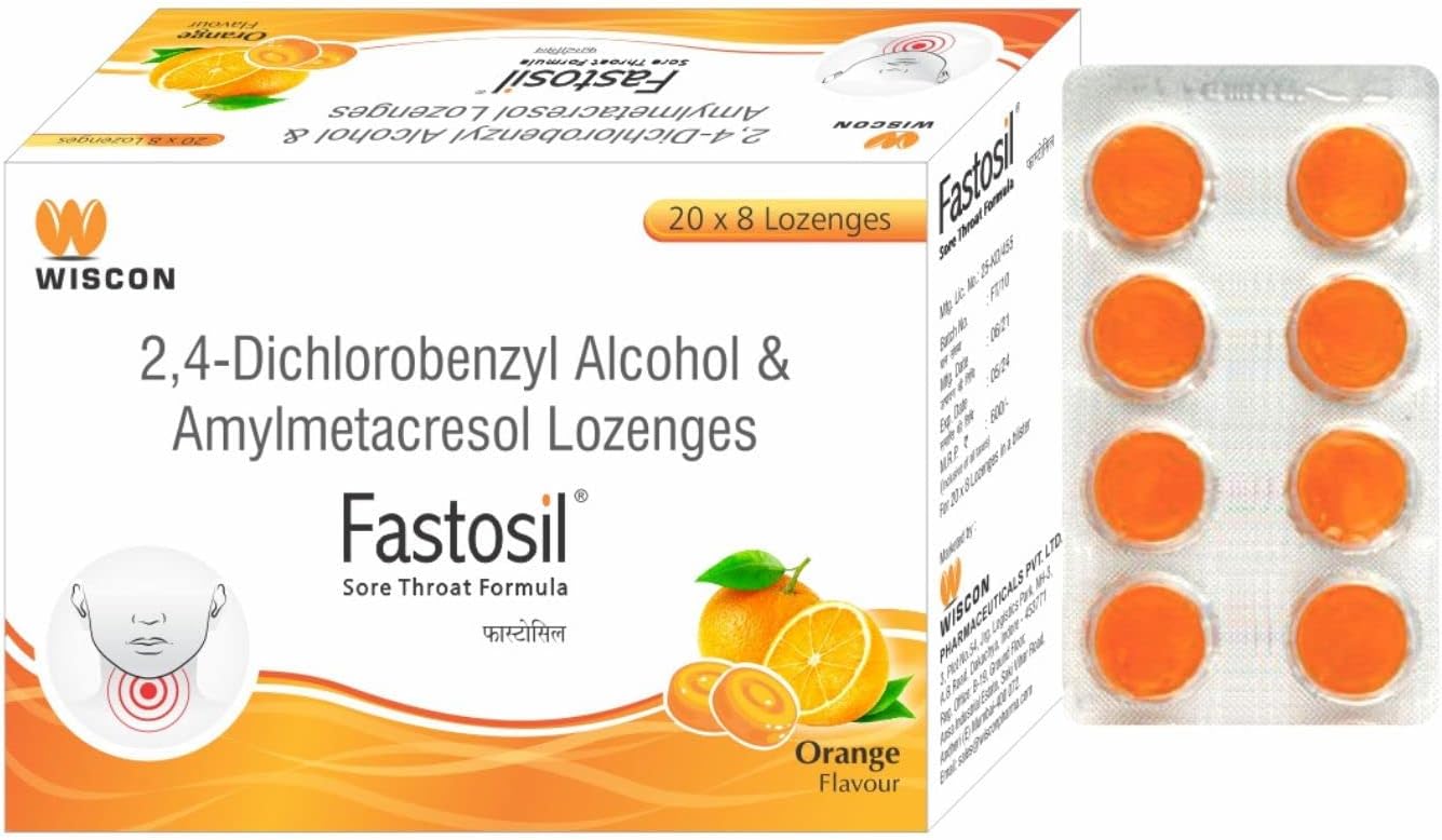 Fastosil Orange Lozenges Sore for throat (80 Lozenges) | Orange Flavour | Quick Relief from Sore Throat, Itchy Throat and Scratchy Throat | Anti Septic | cold cough tablets | Anti bacterial | Family pack