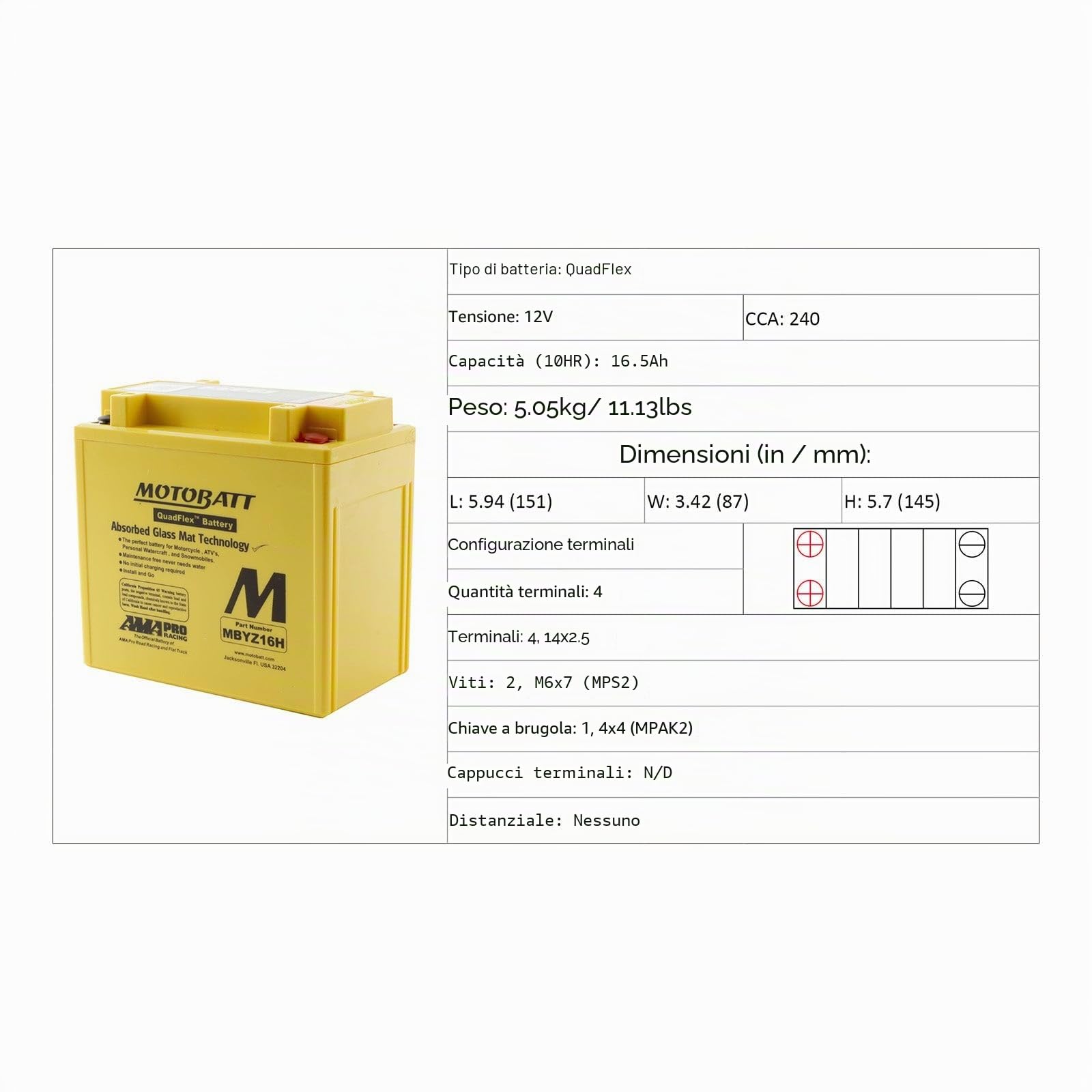 MOTOBATT - Batteria Moto AGM MBYZ16H | 12V 16.5Ah 240CCA | Sigillata Attivata in Fabbrica | Compatibile con YTX14, YTX14BS, e altri | Compatibile con Honda, Yamaha, Kawasaki, Suzuki, BMW e tutti