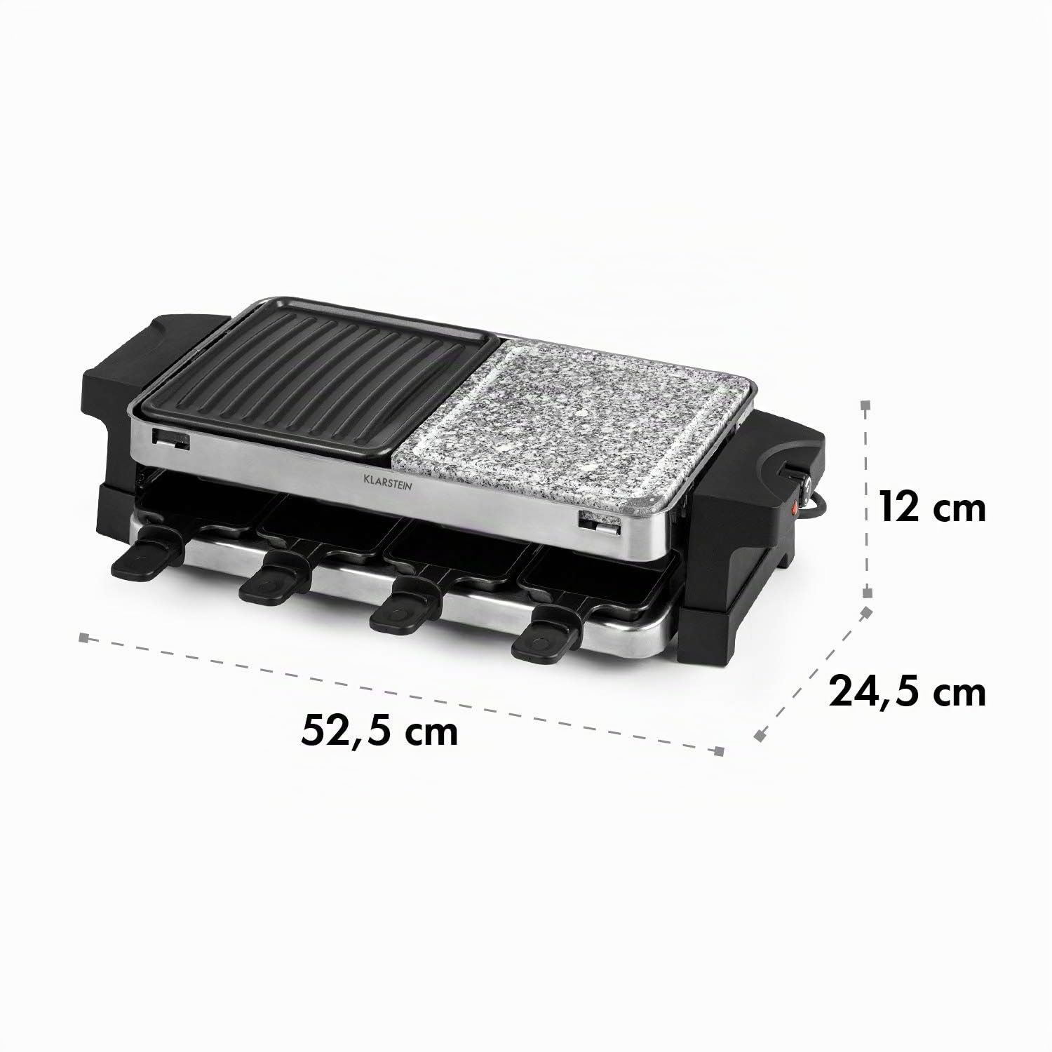 Klarstein Sirloin - Piastra per Raclette, Padelle per Raclette, 1500 Watt, 2 in 1: Alluminio e Pietra Naturale, Termoelemento in Acciaio Inox, Termostato Regolabile, per 8 Persone, Acciaio