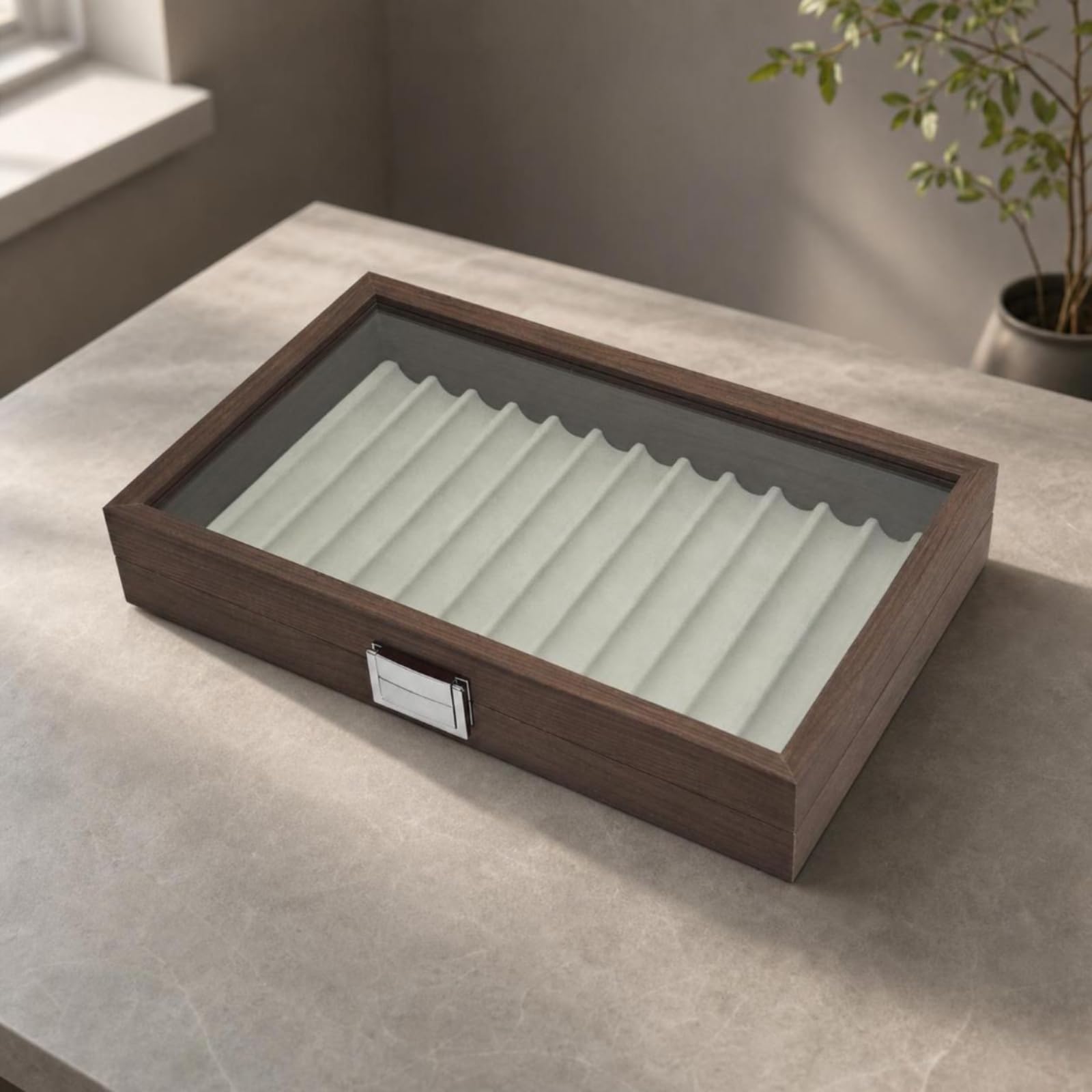 Stifte-schatulle mit 12 fächern dekorativ Stiftaufbewahrungsbox mit 12 fächern elegant Stiftebox sichtfenster für Schreibtisch, Präsentation, Büro, Ebenholz Holzoptik