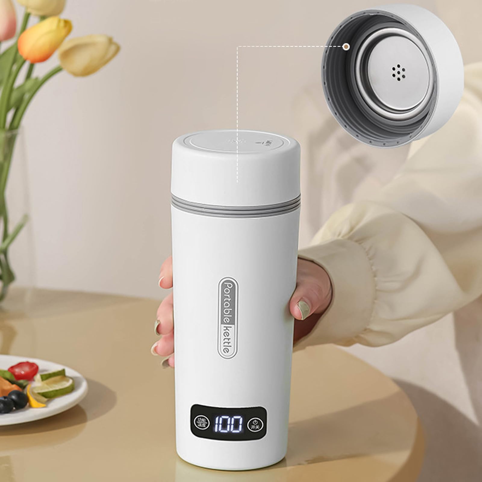 KUIDAMOS Taza Calefactora para Coche, Hervidor Eléctrico de Temperatura Ajustable a Prueba de Fugas para Coche Pequeño, Portátil, 350ml, Acero Inoxidable, Blanco