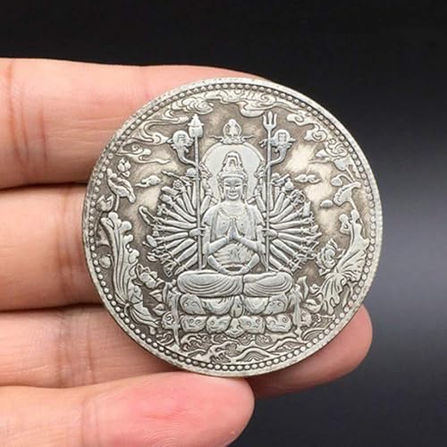 Miniatura 3 de Colección de monedas antiguas de plata del Tíbet Budista Mil Manos Guanyin Corazón Sutra Buddha Estatua de Buda Adorno auspicioso Regalo