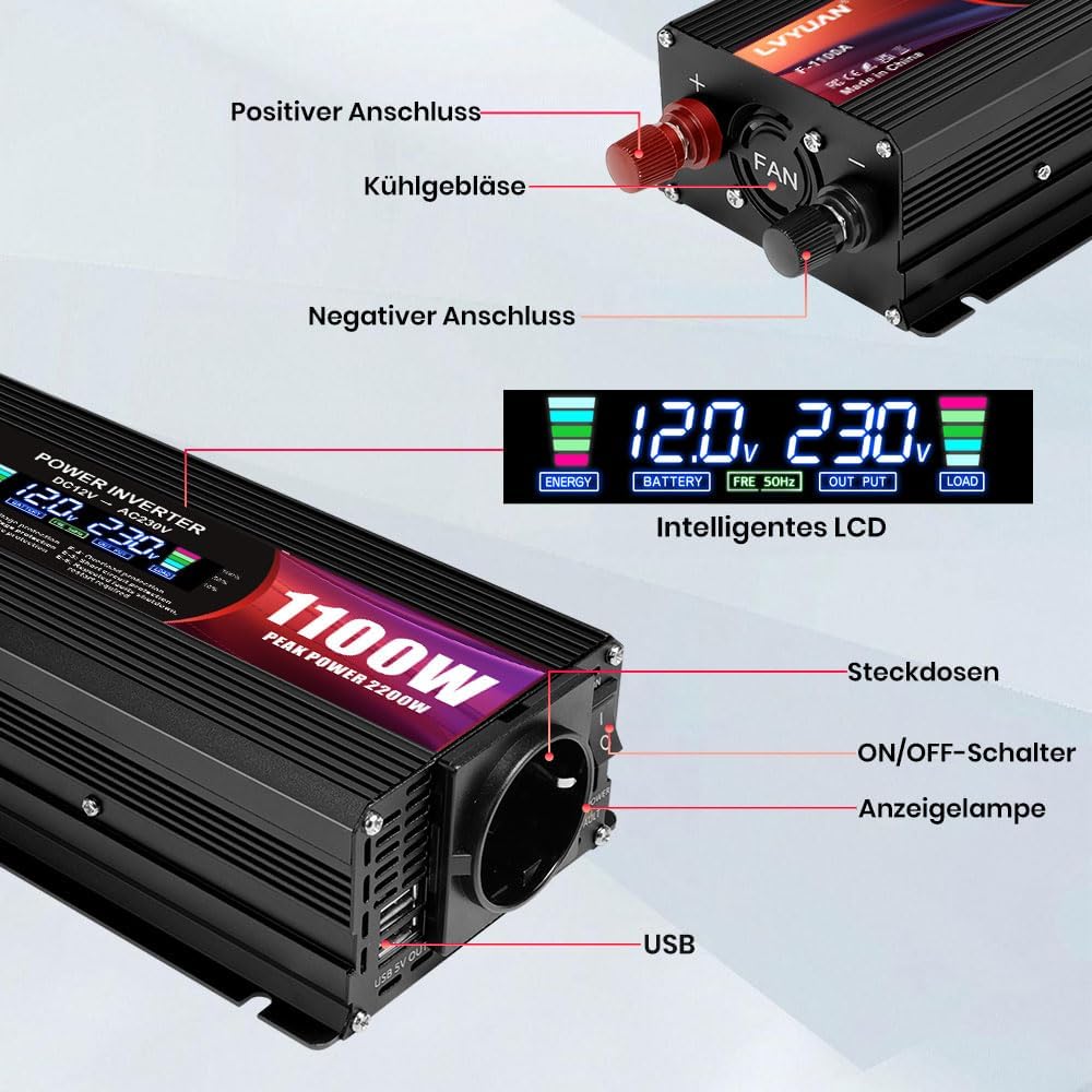 LVYUAN 1100W Wechselrichter DC 12V auf 230V AC Spannungswandler Stromwandler Inverter 2 USB Ports/EU Steckdosen, mit Alligatorclip & Zigarettenanzünder Stecker