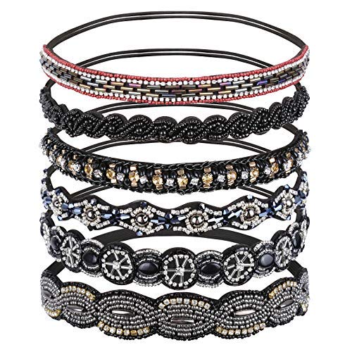 Teenitor 6pcs Beaded Elastic Hairband Handmade Rhinestone Headband Hair Accessories No Slip Jeweled Head Wraps for Women Girls