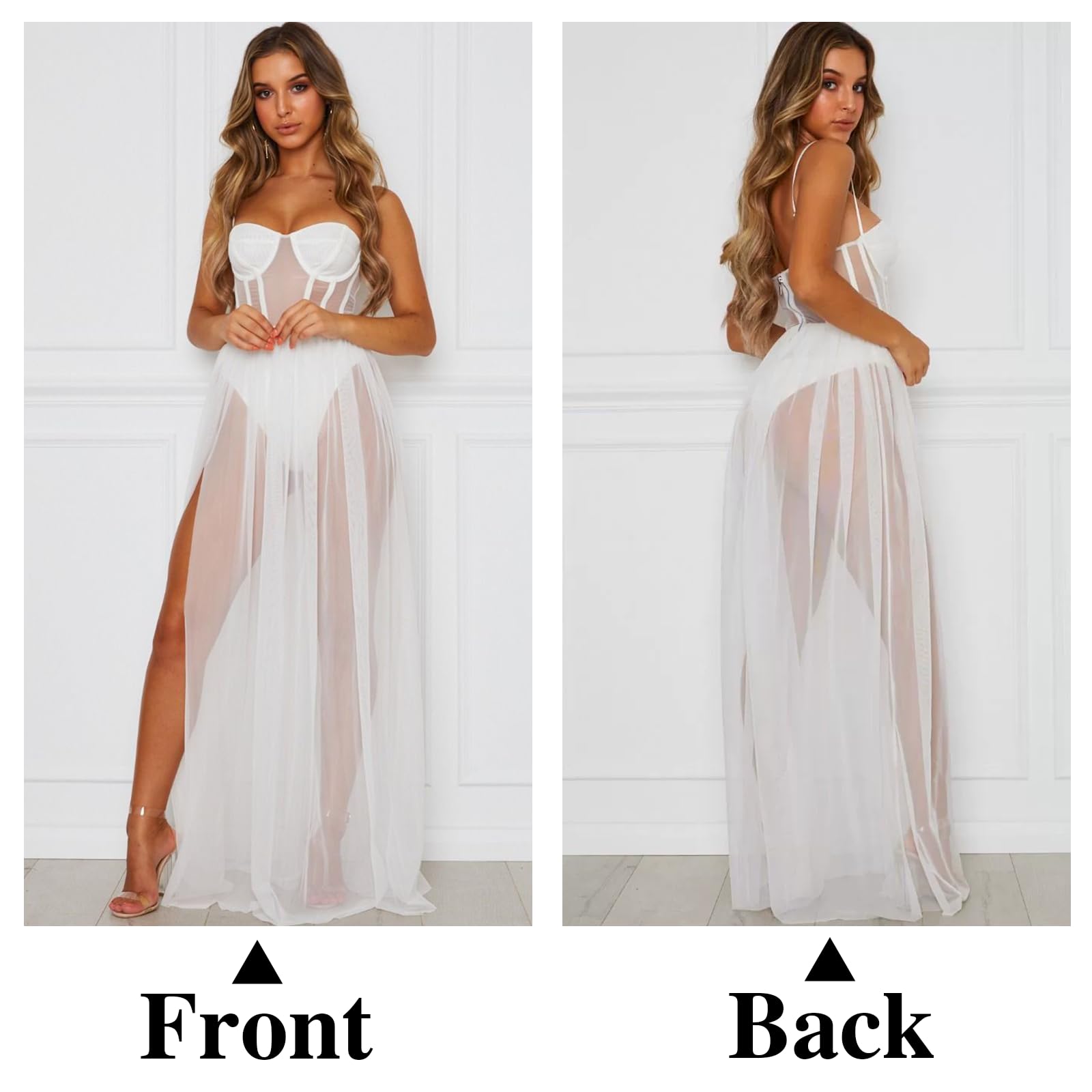 Robe Longue Moulante en Maille Transparente pour Femme avec Fente sur Le côté et Lingerie intégrée