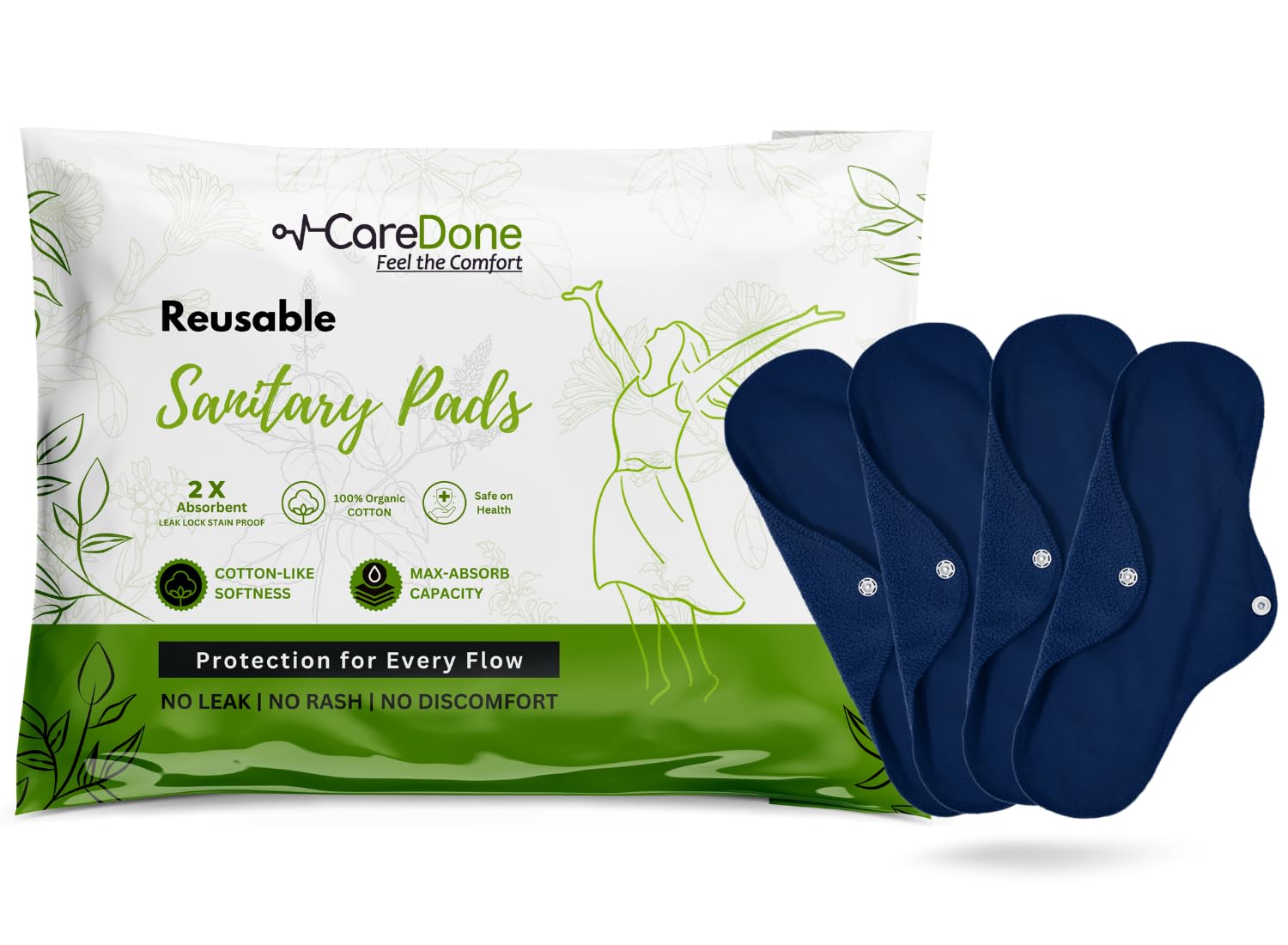 CareDone Super Comfy Heavy Flow Pad - Extra large| |Reusable Sanitary Cloth Pad | Organic Cotton| with leak proof | lasts upto 75-100 washes (NavyBlue Cloth Pad-Pack 4) (B0DF54Z34T) Amazon Price History, Amazon Price Tracker