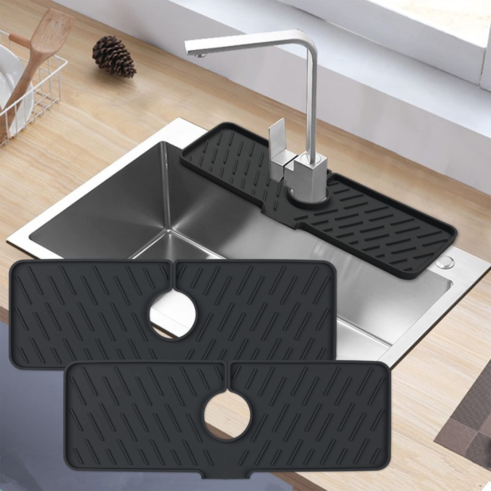 Photo 1 of 2 of -Meiliweser 2Pack of Silicone Faucet Splash Guard, 18” x 5.9”, Faucet Water Catcher Mat, Longer Silicone Sink Mat for Kitchen, Bathroom, Laundry Room, Farmhouse, Bar & RV (Black)