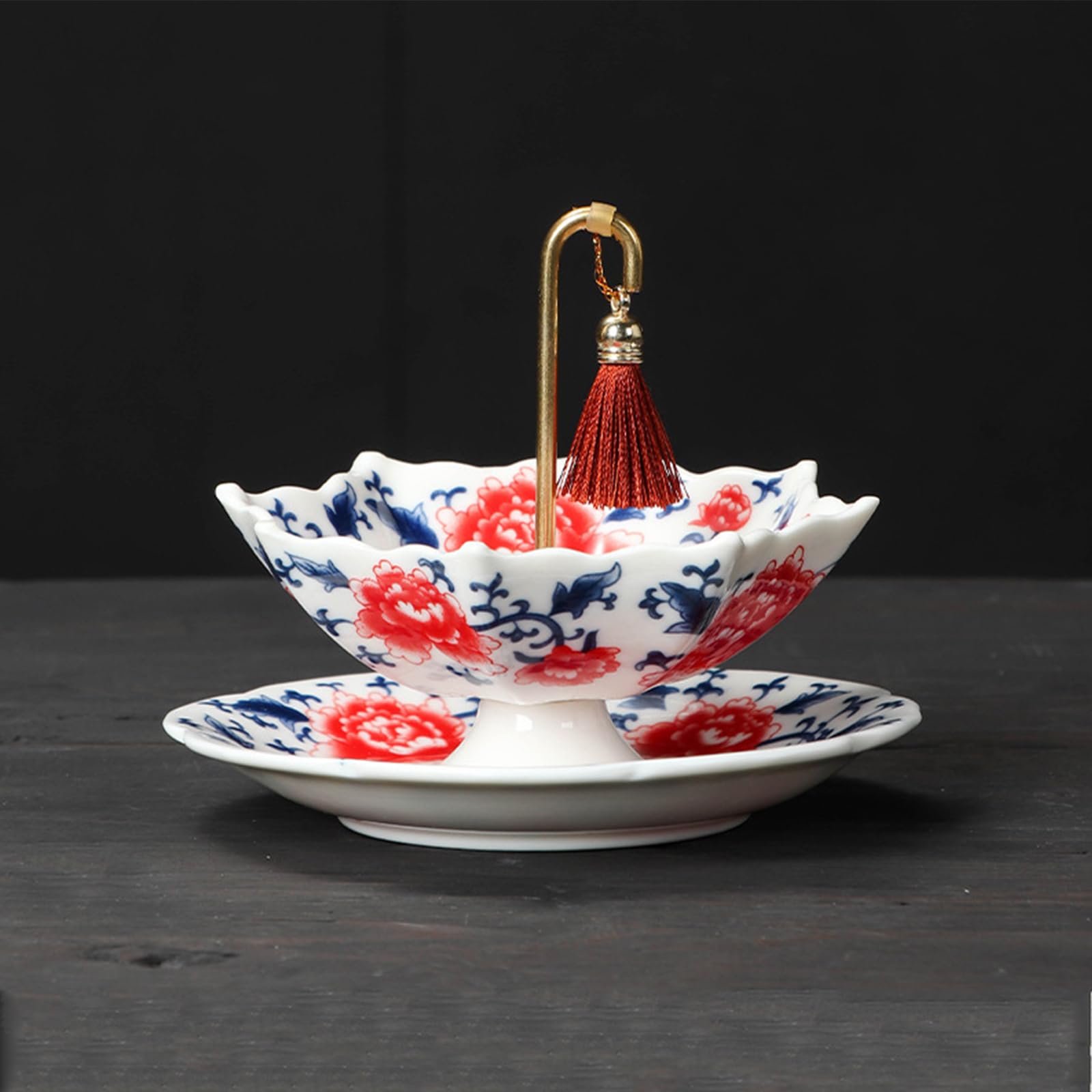 Infuseur à thé en porcelaine délicate, en forme de parapluie, avec support assorti, un chef-d'œuvre de la tradition chinoise bleue et blanche pour une infusion parfaite-Peony Flowers Set-2PCS