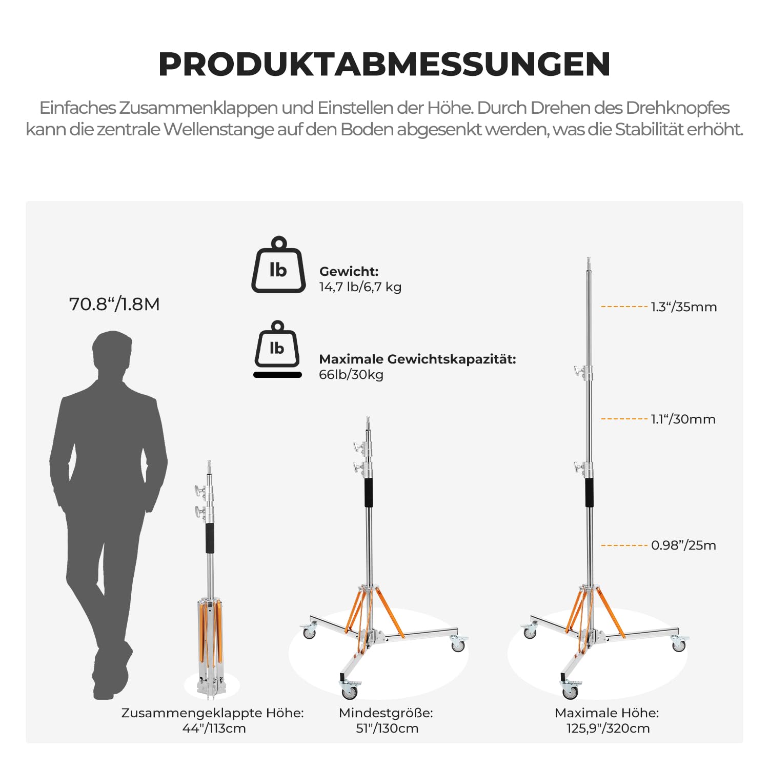 K&F CONCEPT 330CM Wirklich Edelstahl Lichtstativ mit 360°Drehen Rollen | 130-330CM verstellenbar Heavy Duty Fotografie Galgenstativ C-Stand für COB-Leuchten, Ringlichter, Blitzlichter Last 30KG,TL11
