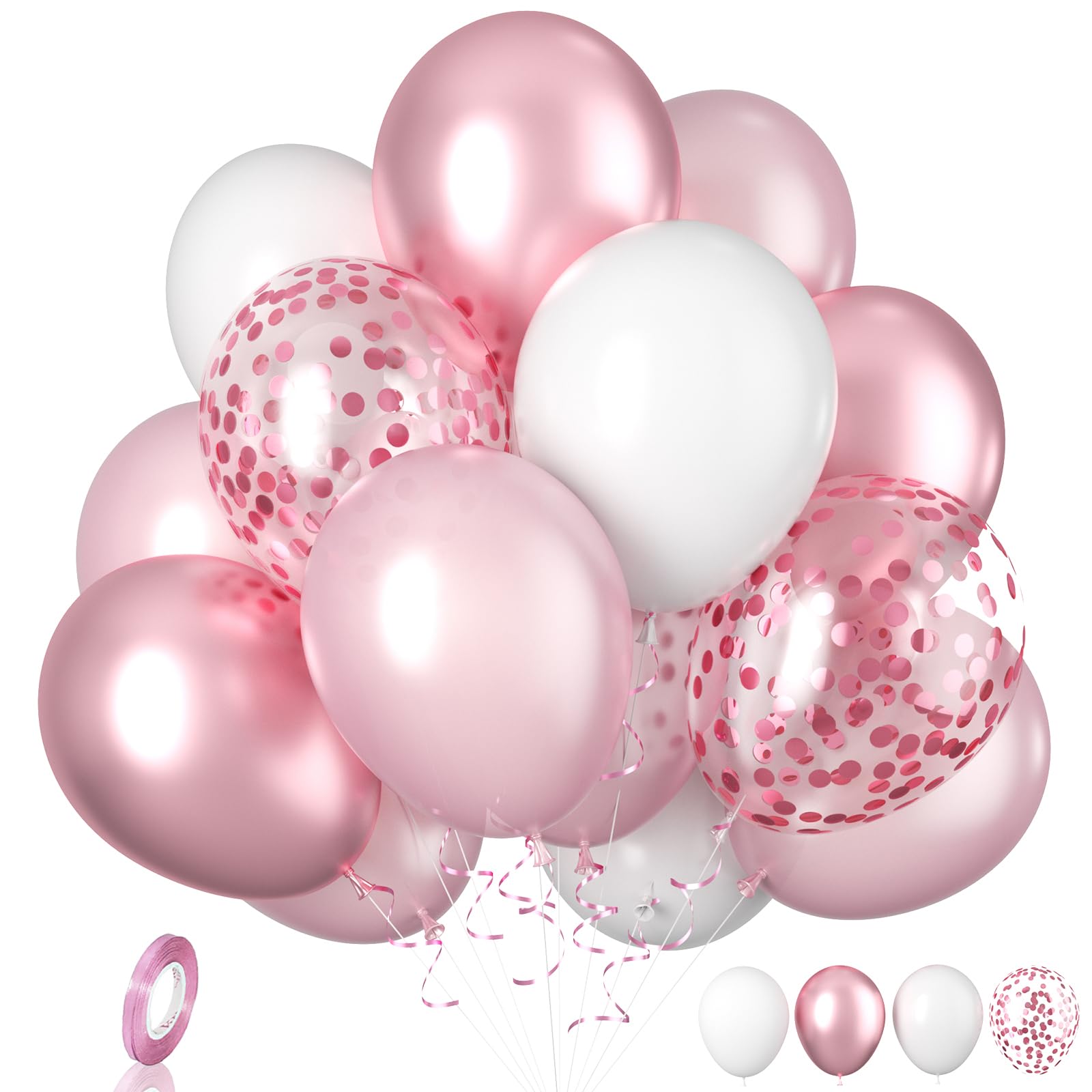 Biapian Pink Balloons, 20 Pcs Pink and White Balloons, 12 Inch Metallic Pink Confetti Balloons Pearl Latex Balloon Helium for Girls Women Birthday Party Christening Baby Shower Wedding Decorations