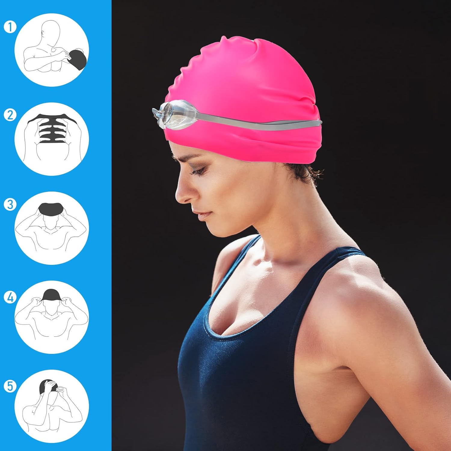 9 Pieces Unisex Swim Cap Silicone Waterproof Swimming Hat Flexible Silicone Swimming Cap for Women Men Kids Adults, Bathing Swimming Caps for Short and Long Hair Black, Lake Blue, Rose Red
