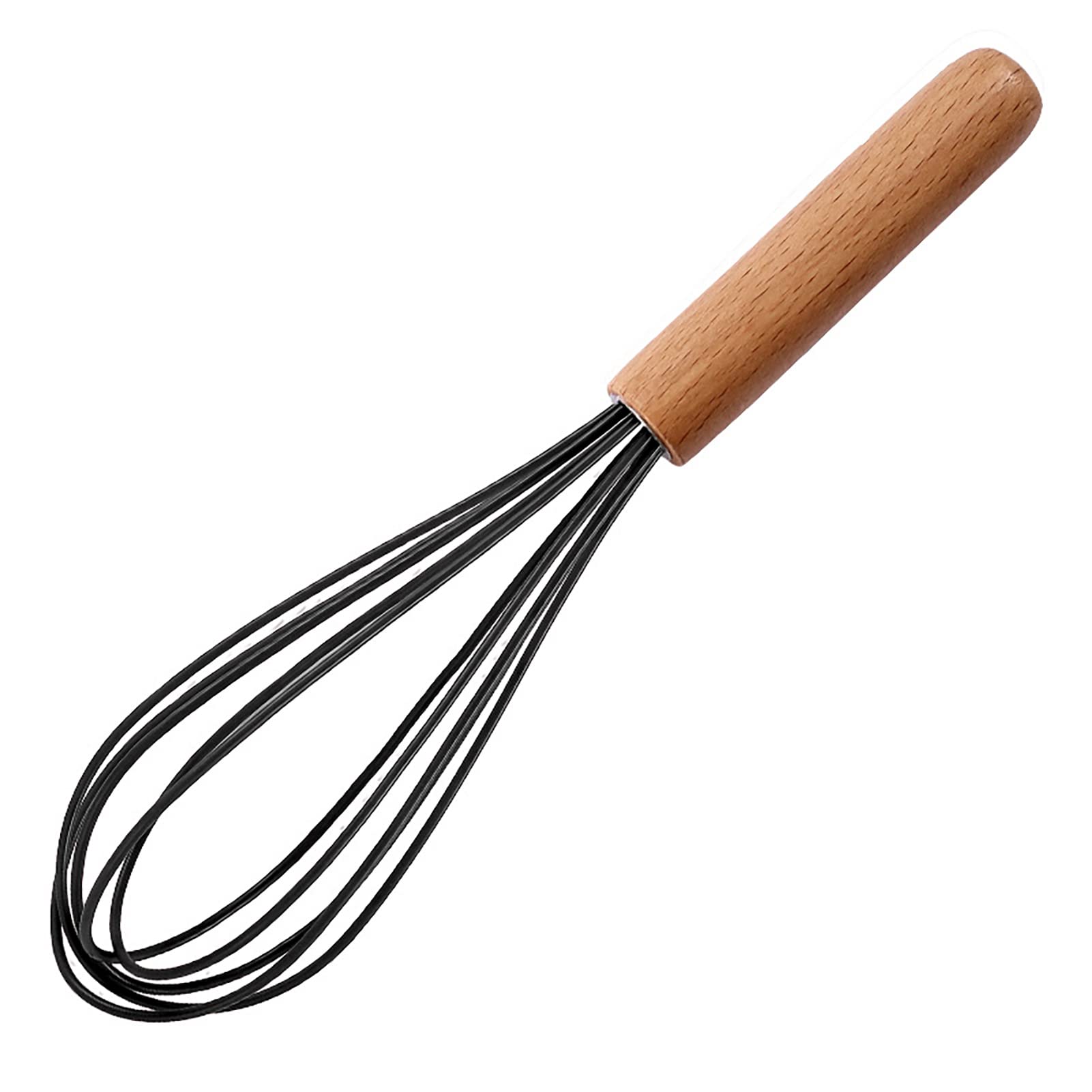 ohfruit Batidor de silicona de 10 pulgadas con mango de madera, batidor de huevos manual resistente al calor, batidor de cocina, batidor de huevos, negro y negro