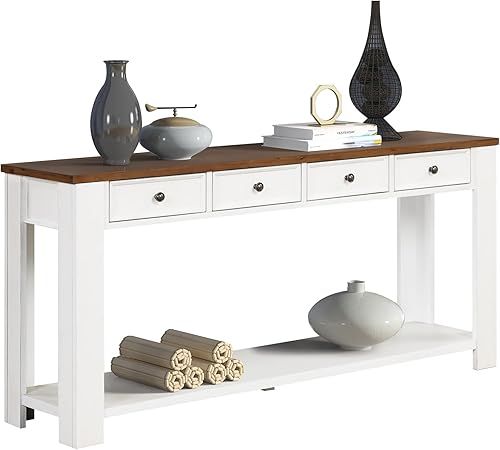 LKTART Moderna mesa consola de pino con 4 cajones y 1 estante inferior para pasillo de entrada blanco antiguo