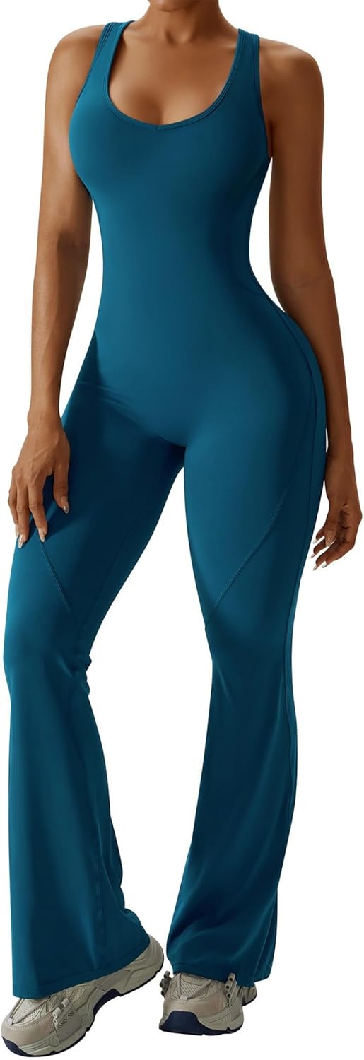 OEAK Womens Flare Jumpsuit with Bra Tummy Control Cutout Romper Workout Outfit Sleeveless Unitard One Piece Backless Bodysuit - Image 4