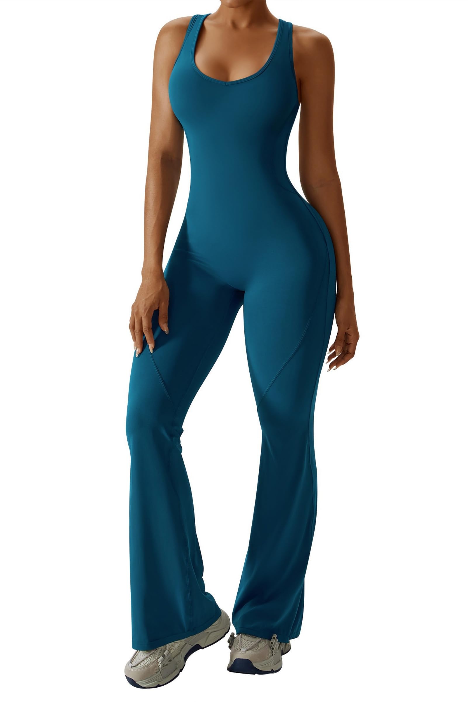 OEAK Mono acampanado para mujer, todo en uno, espalda cruzada, cuello redondo, sin costuras, acolchado, bodycon, para fitness, yoga, gimnasio, deporte, azul, L