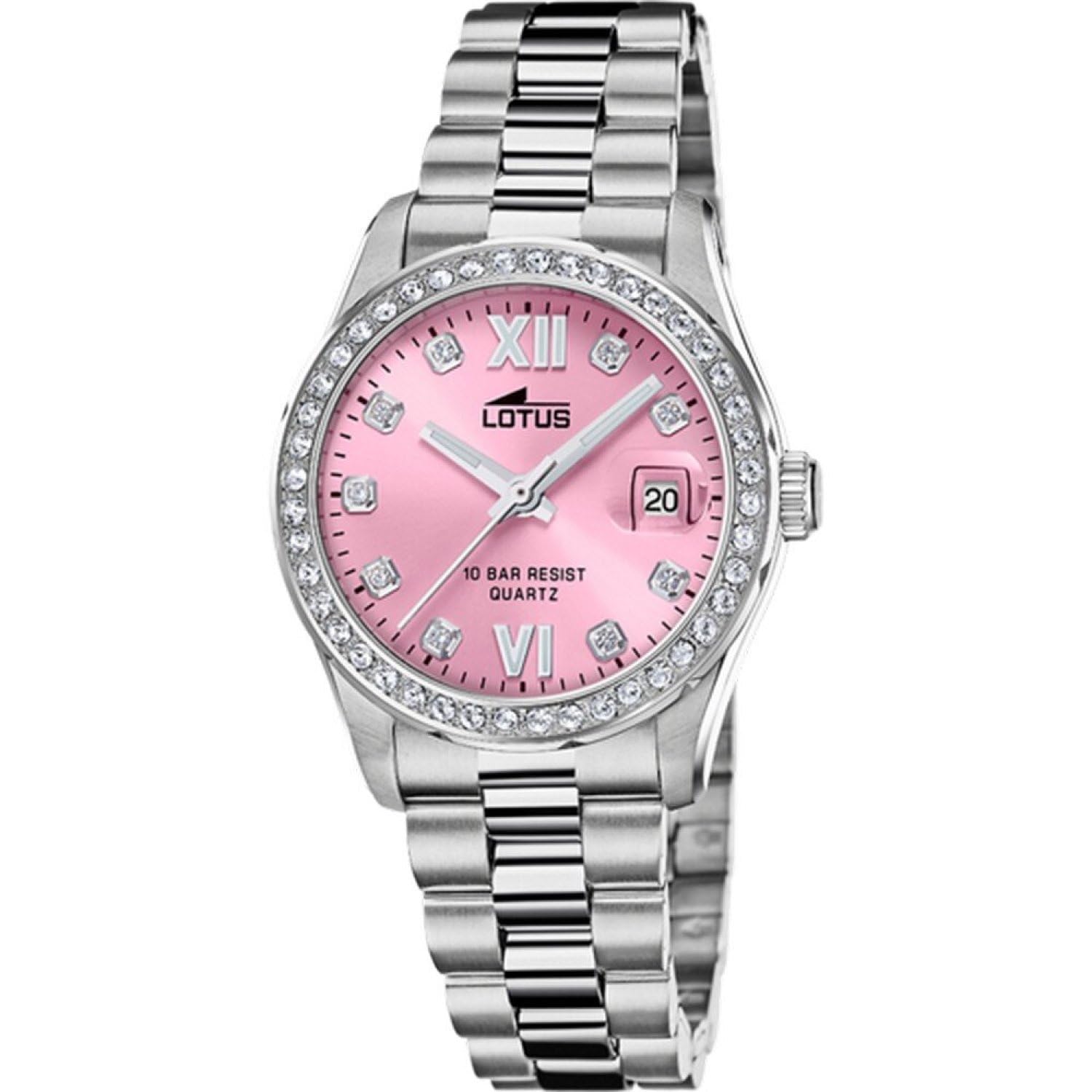 LOTUS Reloj Mujer Analógico de Acero Inoxidable 316l Plateado | Movimiento de Cuarzo, Cristal Mineral de Alta Resistencia, Resistente al Agua 10 ATM, Calendario 18933/6