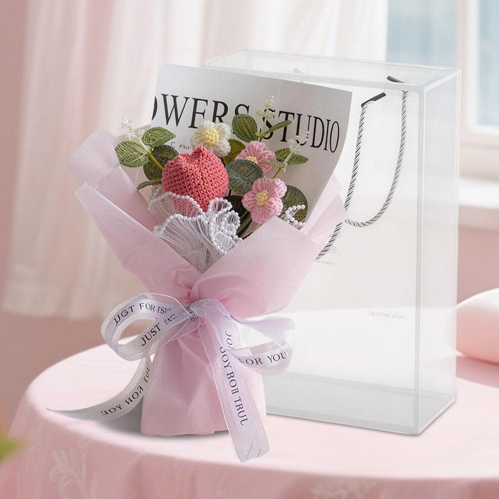 Rppiup Pink Artificial Tulips Crochet Flowers Bouquet, Knitted Flowers, Forever Preserved Flower Handmade Knitted Tulip Bouquet With Gift Bag For Wedding, Teachers' Day And Valentine's Day