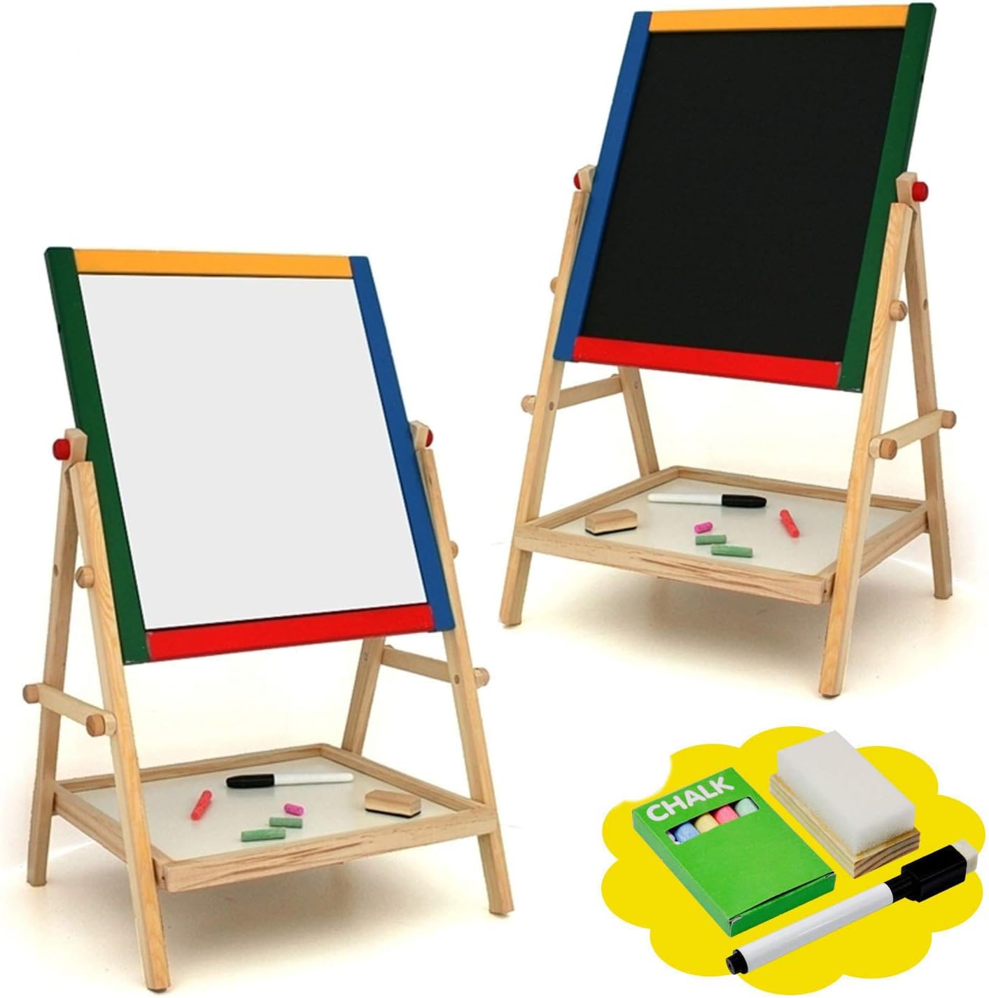 SONIC KIDS CHILDRENS WOODEN 2 IN 1 BLACKBOARD & WHITEBOARD EASEL CHALK DRAWING BOARD