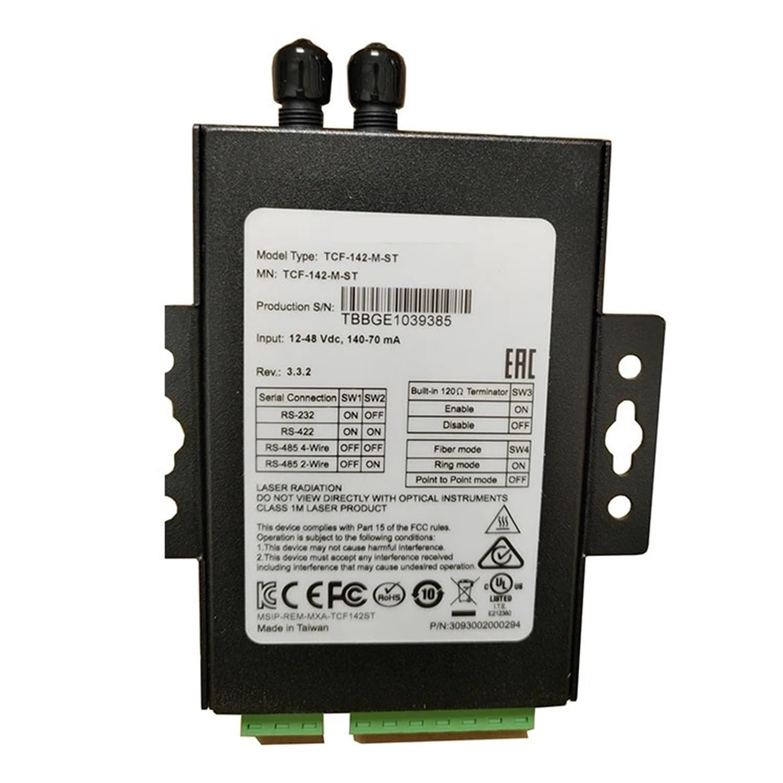 TCF-142-M-ST RS-232/422/485 to Fiber Optic Converter ST Multi-Mode -40 to 75C TCF-142 Series
