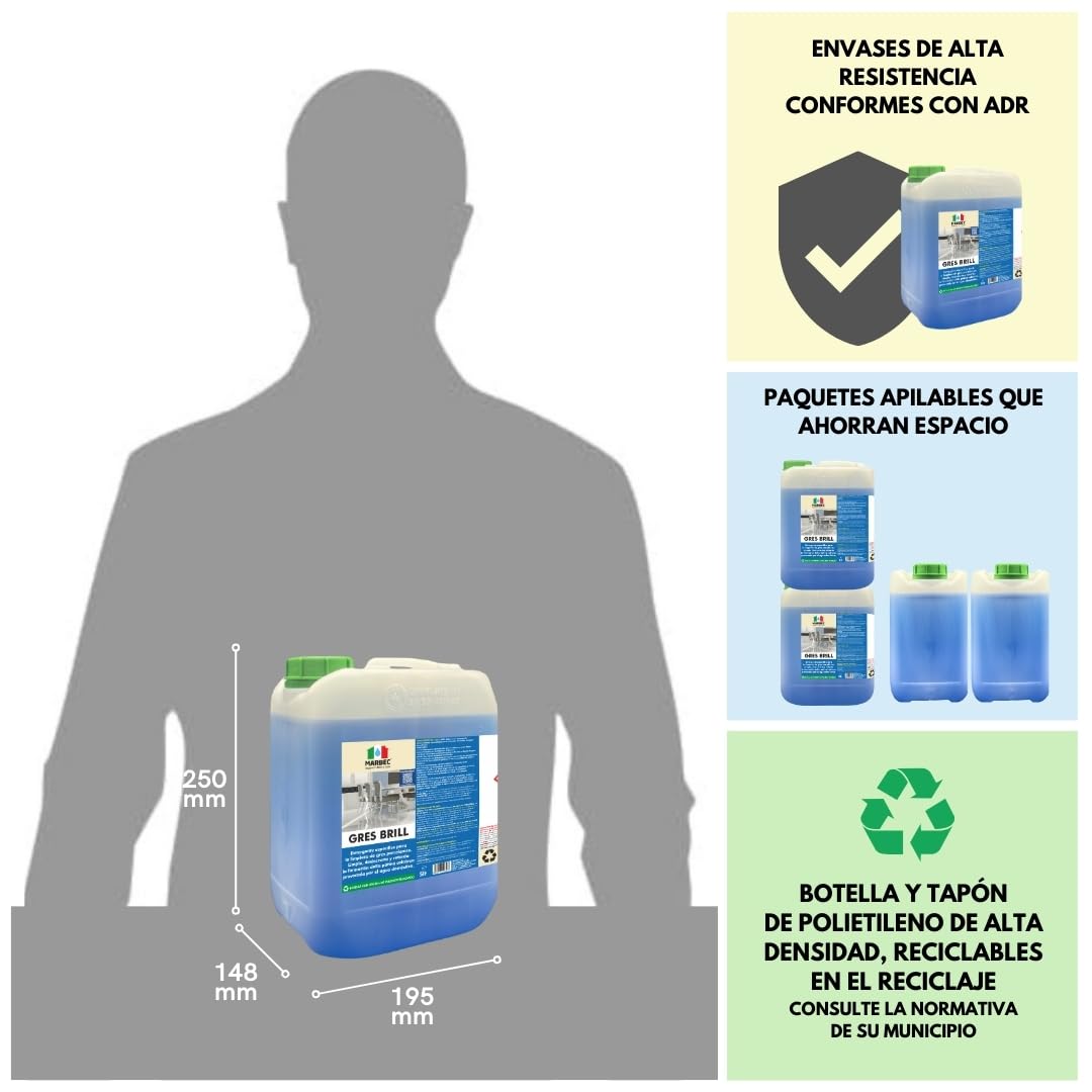 MARBEC GRES BRILL 5LT Detergente específico para la limpieza de gres porcelánico. Limpia, desincrusta y ralentiza la formación de cal causada por el agua doméstica.
