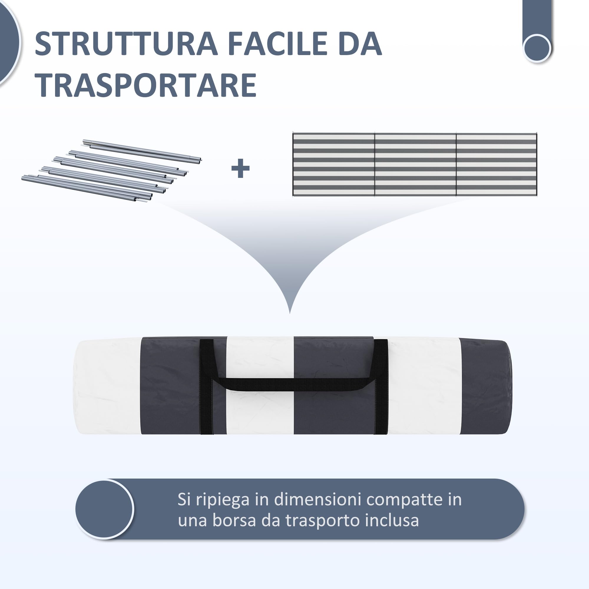 Outsunny Paravento da Spiaggia per Giardino 540x150 cm Grigio e Bianco | Pieghevole Frangivista, Tenda da Sole Laterale, Poliestere con Barre in Acciaio, per Campeggio e Spiaggia