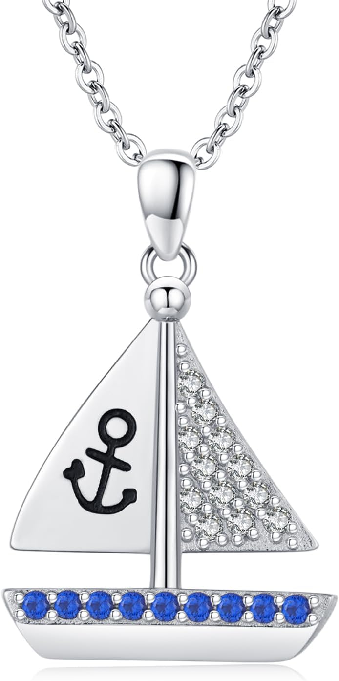 CUOKA MIRACLE Sailboat Necklaces Sail Boat Pendant Necklace 925 Sterling Sliver Bluish Zircon Jewelry Amulet Gift for Women Men Birthday