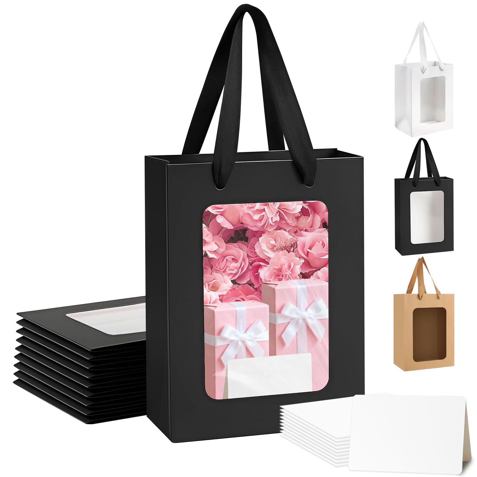 10 Pcs Black Gift Bags with Window, Present Bags with 10 Cards, Resuable Kraft Paper Gift Bags Packing Bags for Parties, Flower, Birthdays, Weddings (20×16×30 cm)