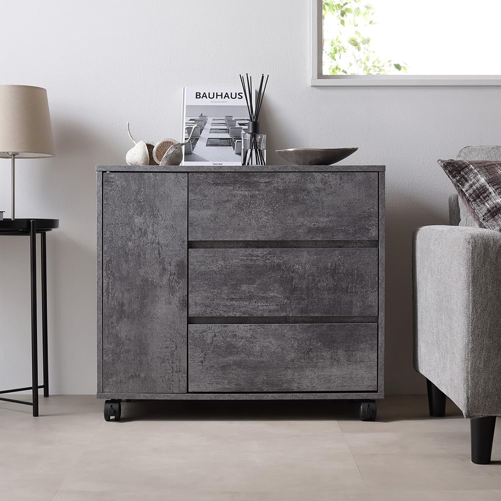 Amazon｜RASIK チェスト 扉付き キャスター付き 引き出し 3段 棚 約幅