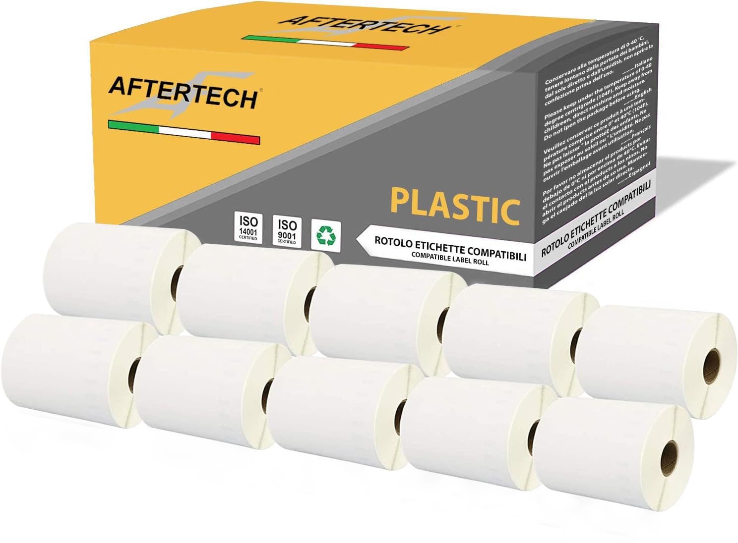 AFTERTECH Rollos de etiquetas plásticas impermeables adhesivas compatibles (220 etiquetas/rollo = 2200 totales) para etiquetadoras impresoras Dymo LabelWriter 10x4XLPLA