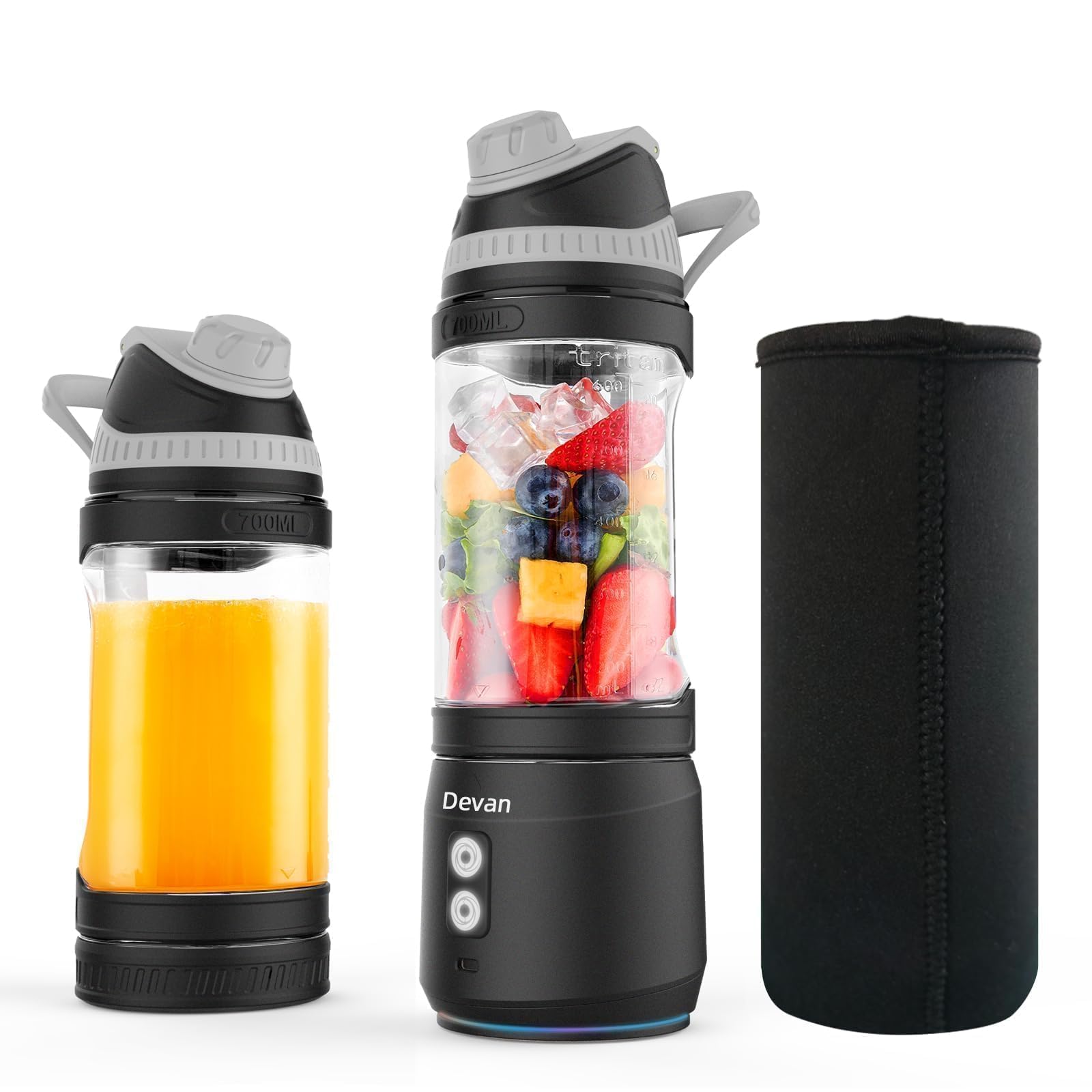 Portable Blender, Anti-Jamming 300 Watt for Shakes and Smoothies, 24oz Travel Blender USB Rechargeable, BPA Free Sporty bottle with a Travel Lid. (Black Base Grey Lid) (Black with Insulated Sleeve)