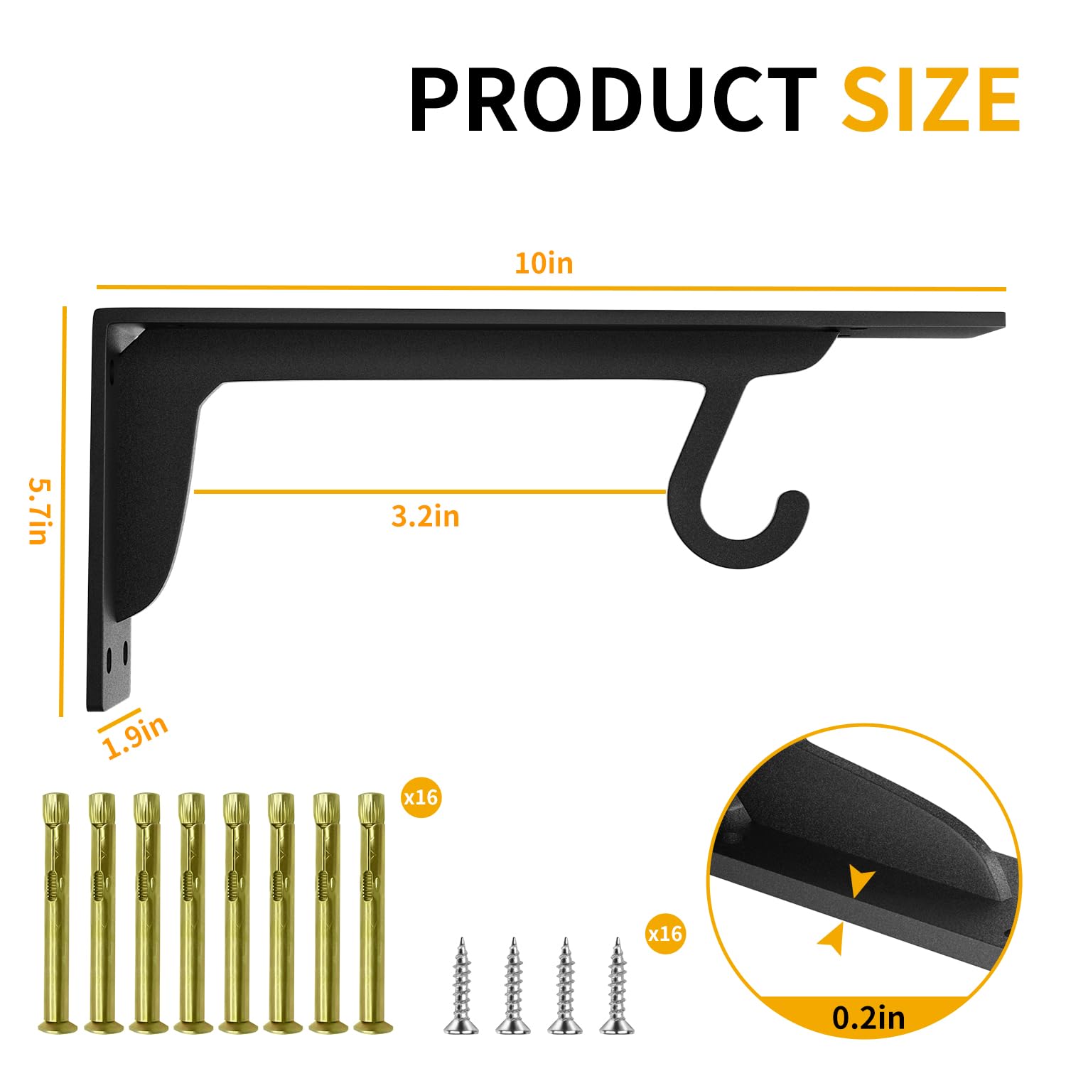 10 Inch Heavy Duty Closet Rod Bracket, 1/5in Thick Wall Mounted Closet Shelf Brackets with Rod Holder, Supports 400lbs, for Closet/Garage/Outdoor(4 pcs)