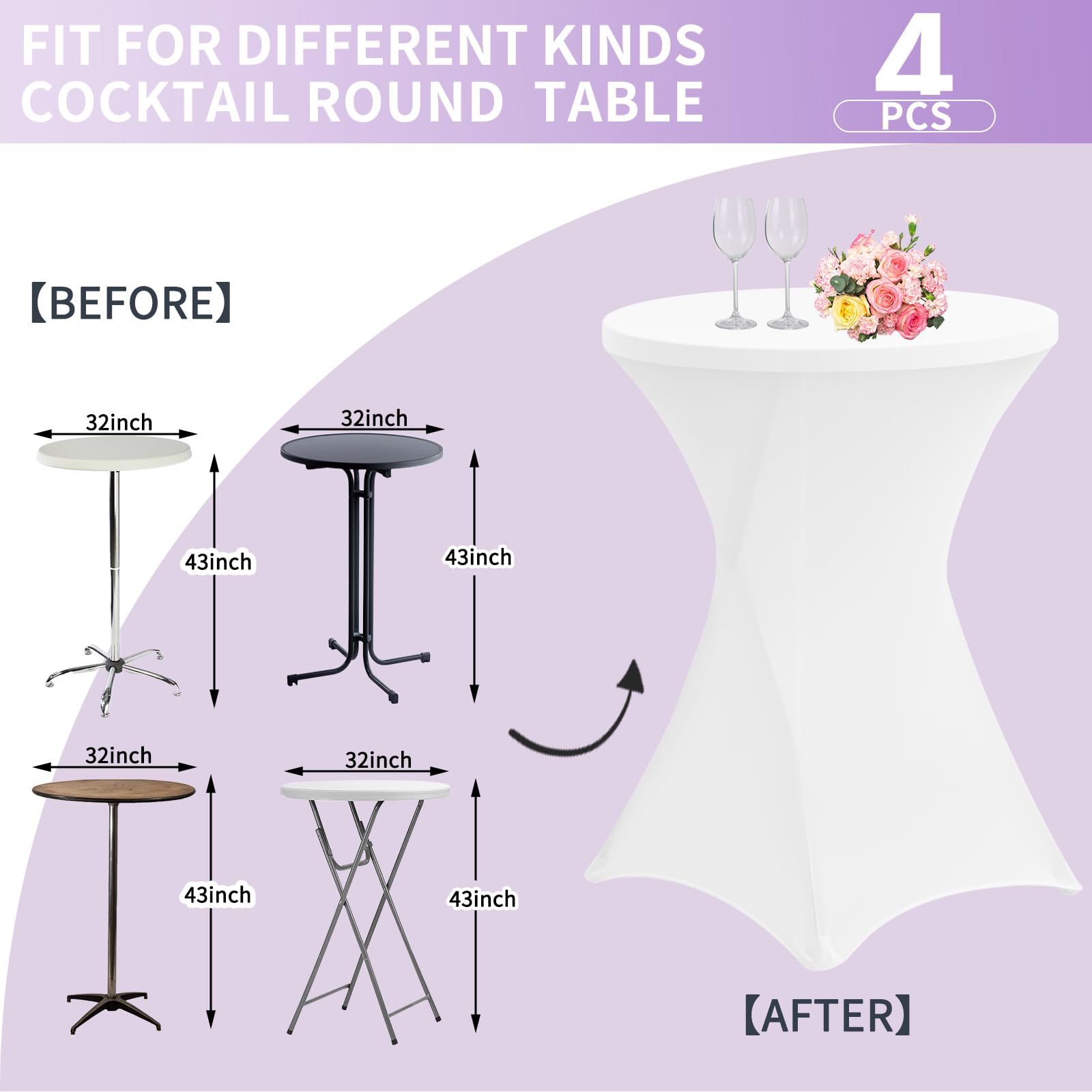 Paquete de 4 manteles de elastano elástico con esquinas cuadradas de 32 x 43 pulgadas, mantel de cóctel de elastano blanco, para bar, boda, cóctel, fiesta, banquete