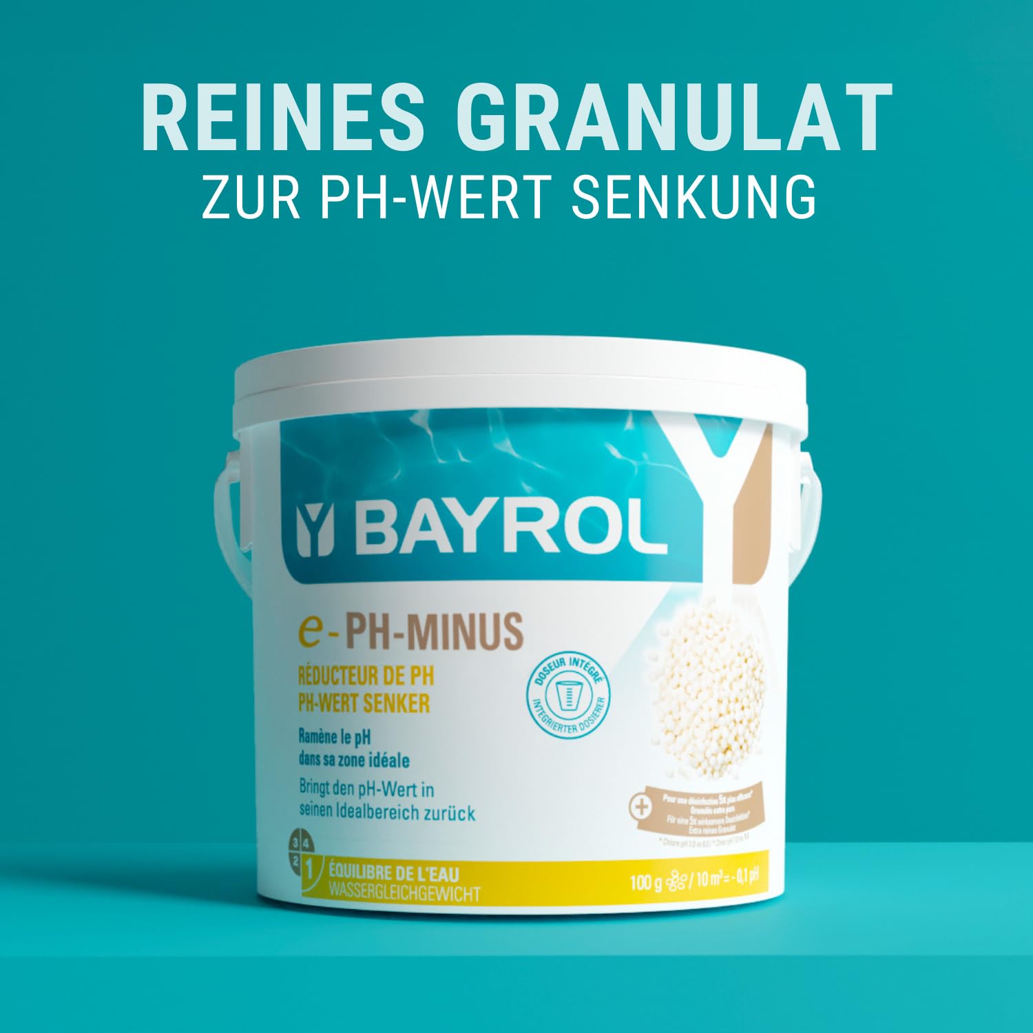 BAYROL e-pH-Minus Granulat 2 x 6 kg - senkt schnell einen zu hohen pH Wert im Pool - inkl. Dosierbecher - pH Senker - pH Regulierung Pool