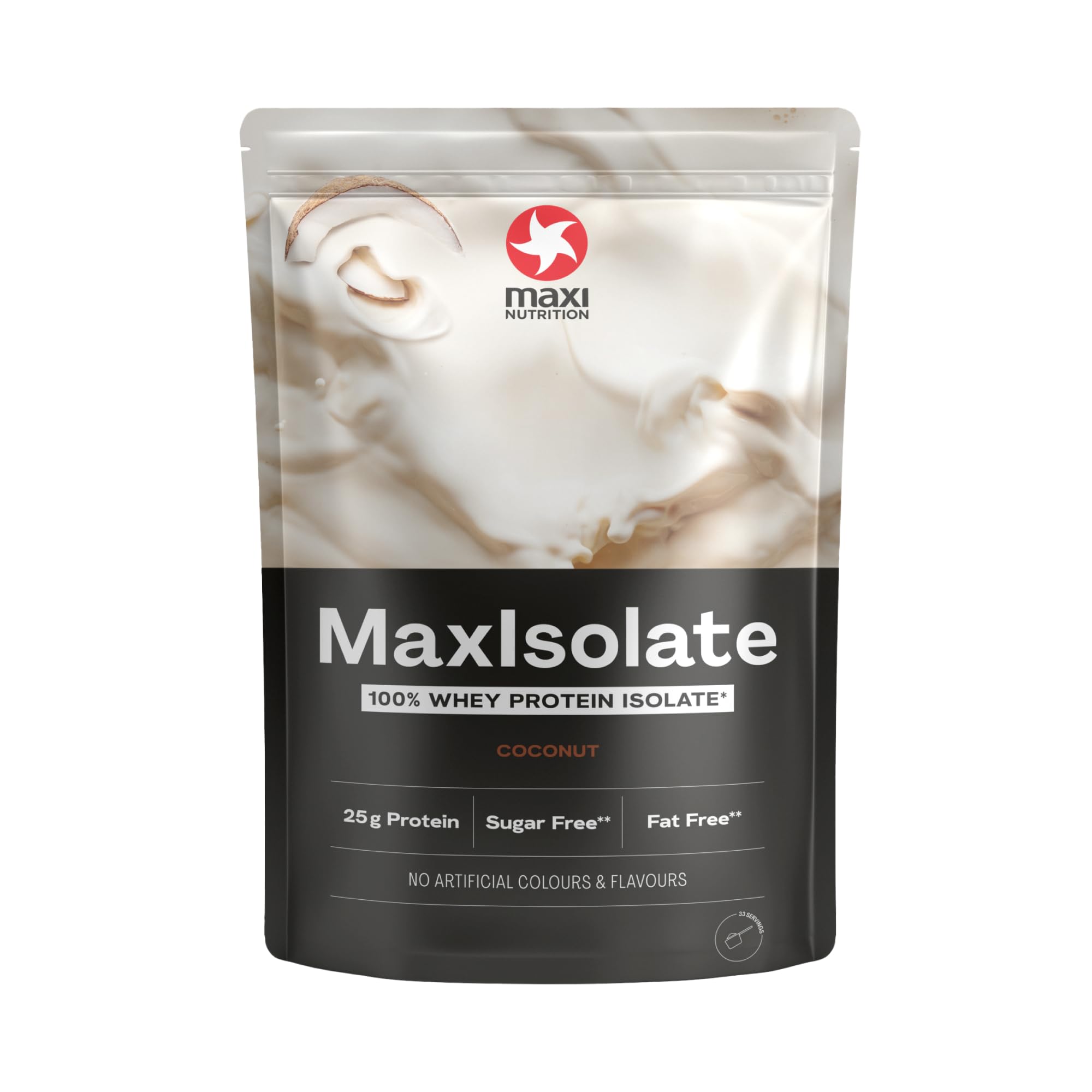 MaxiNutritionMaxIsolate, Coconut - Premium Whey Protein Isolate – Fat-Free, Sugar, Gluten & Soy-Free, Vegetarian - 25g Protein, 115 kcal per Serving, 1kg