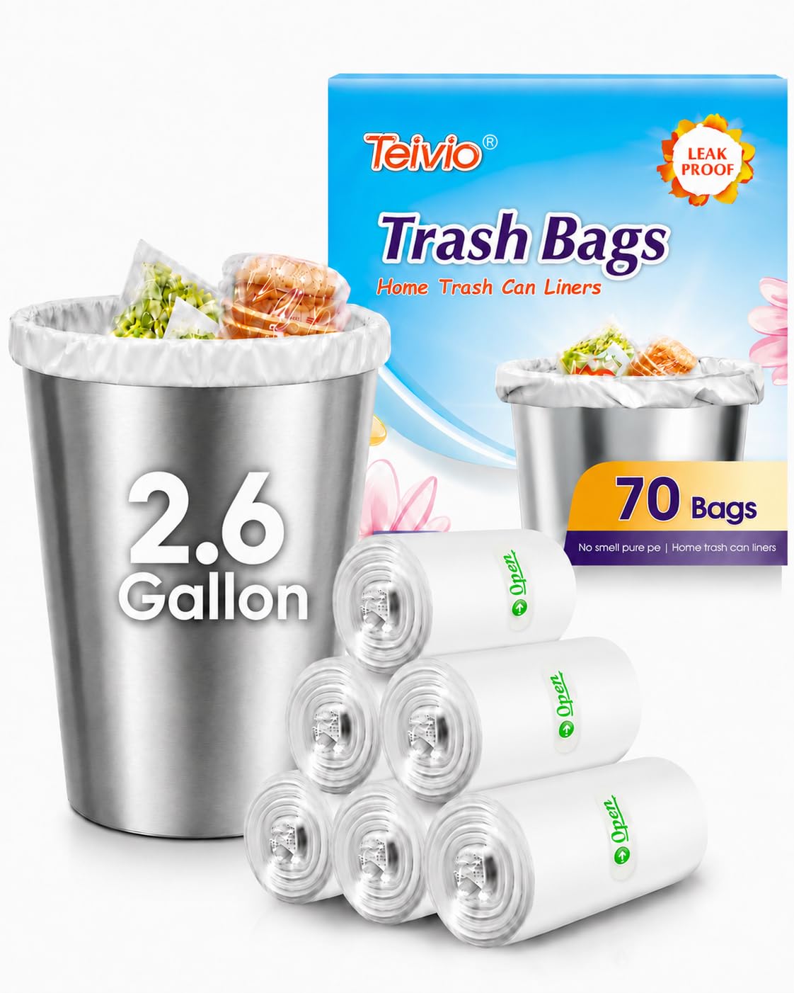Teivio Small Clear Trash Bags 2.6 Gallon 80 Count Unscented Garbage Bags