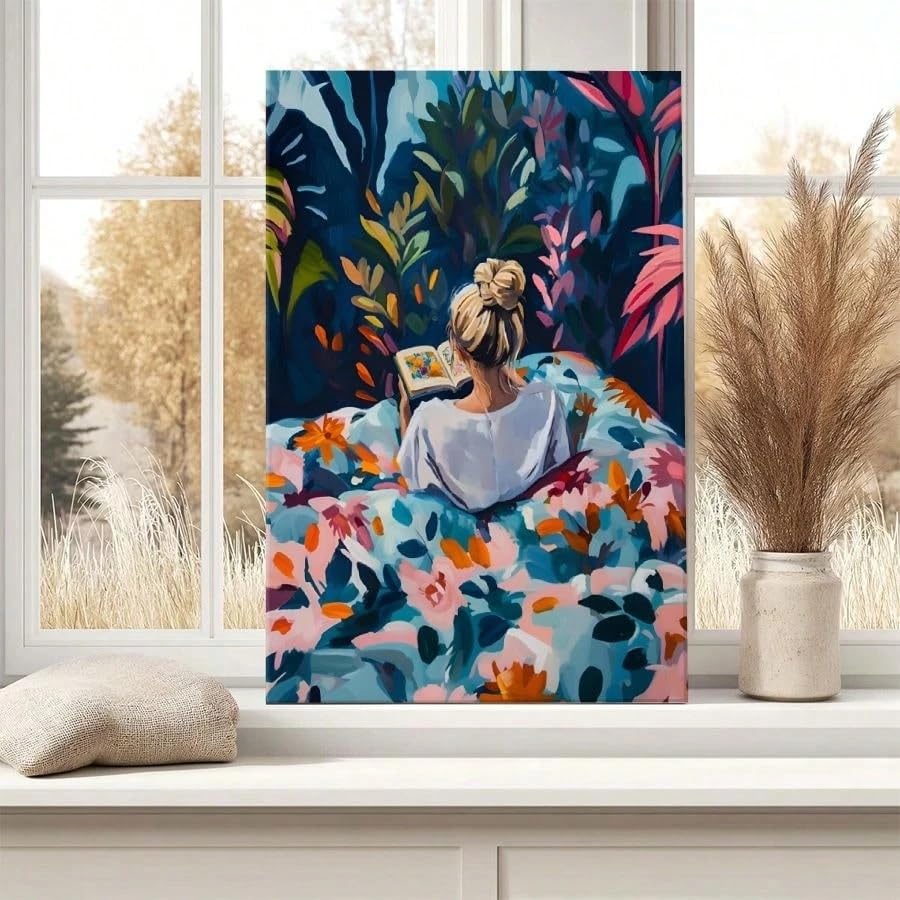 Peinture sur toile femme lisant LYBCEOUG décor intérieur 50x90cm sans cadre