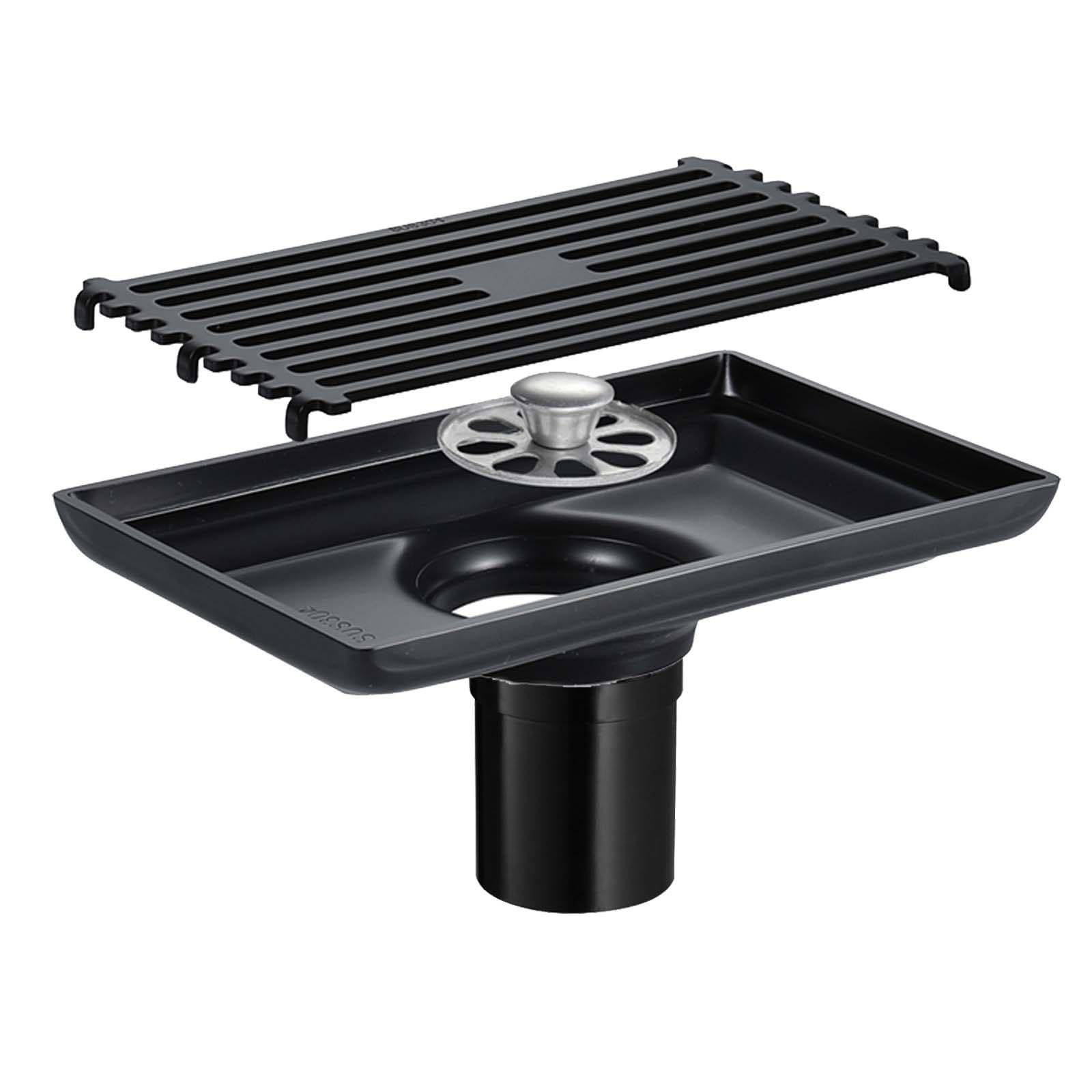 Bonde Douche Acier Inoxydable Siphon Douche Rectangle Bonde de Douche Amovible Bonde Douche Extra Plate Noir Siphon de Sol 145 * 90mm Convient pour Balcon, Salle de Bain, Cuisine