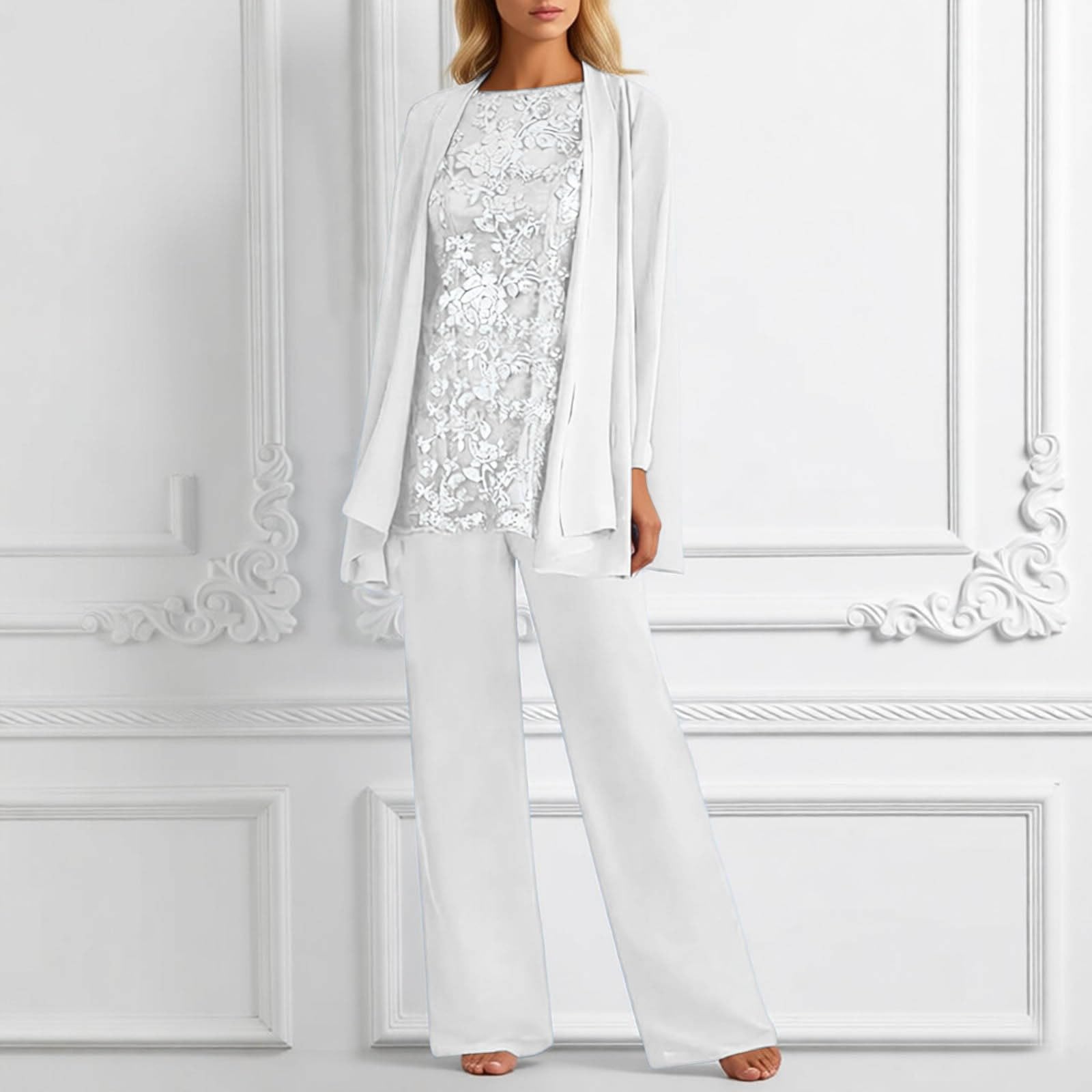 Elegante Conjunto de Pantalón Ancho en Gasa con Detalles de Encaje y Estampado Floral para Ocasiones y Eventos Formales