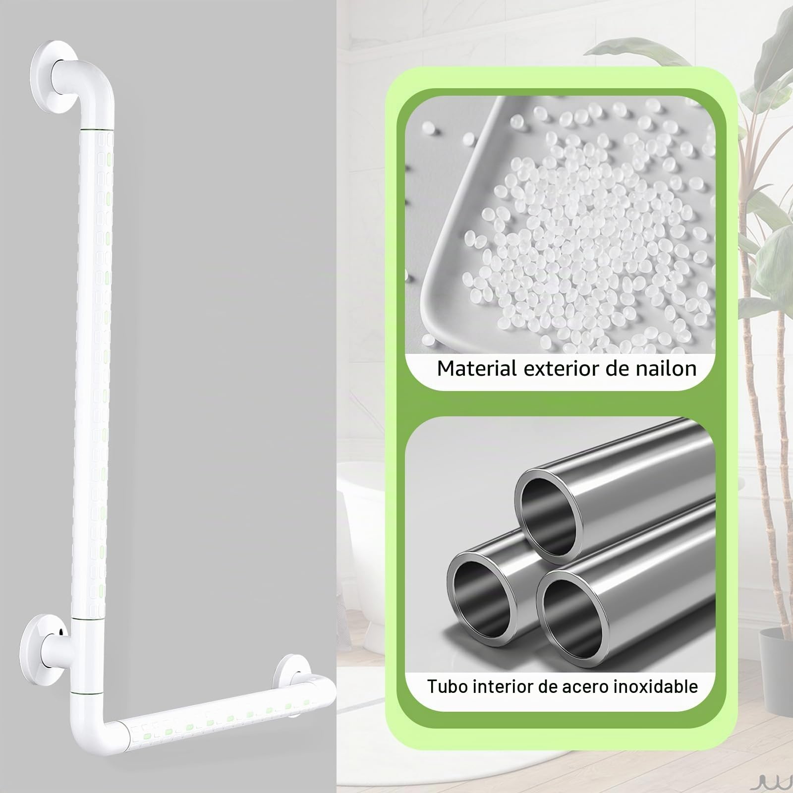 modunful Agarraderas Baño para Mayores, Barras de Apoyo para Baño para Minusvalido 70 x 50 cm, Asa de Seguridad Antideslizante con Anillo Fluorescente, Asidero Ducha de Acero Inoxidable y Nylon