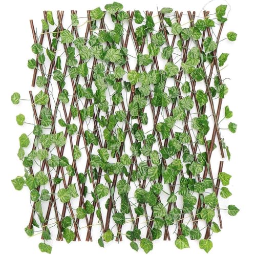 Image of Go Hooked Wood&Plastic Artificial Expanding Wood Fence Trellis Artificial Plant Garden Green Wall Leaf Ivy Wood Fence for Home Decor Garden Decor Restaurant Decor(60 X 20 Inch,Pack of 1)