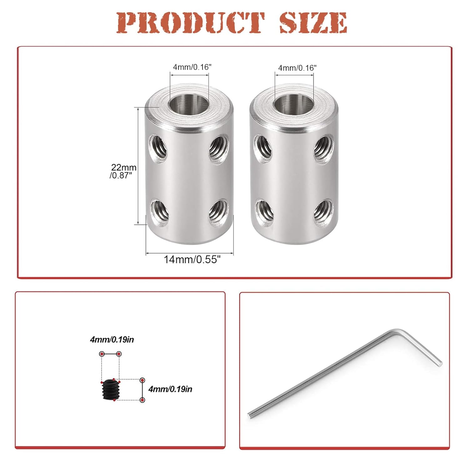 4mm to 4mm Bore Rigid Coupling Set Joint with Screw Wrench L22XD14 Stainless Steel,Shaft Coupler Connector for 3D Printers, Motor Accessories,2pcs
