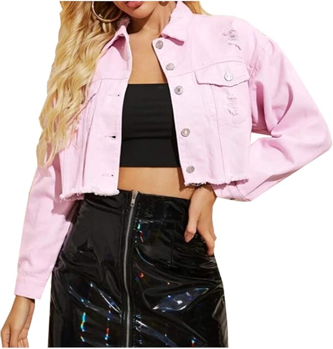 white cropped distressed denim jacket