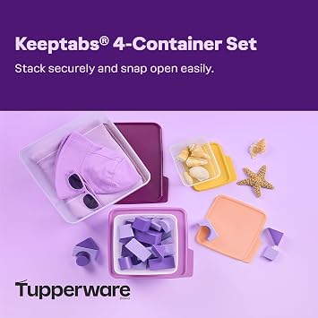 Tupperware Keeptabs 4-Container Stacking Food Storage Set, Multi Color Lids, Nestable, Dishwasher Safe and BPA Free (4 Containers, 4 Lids)