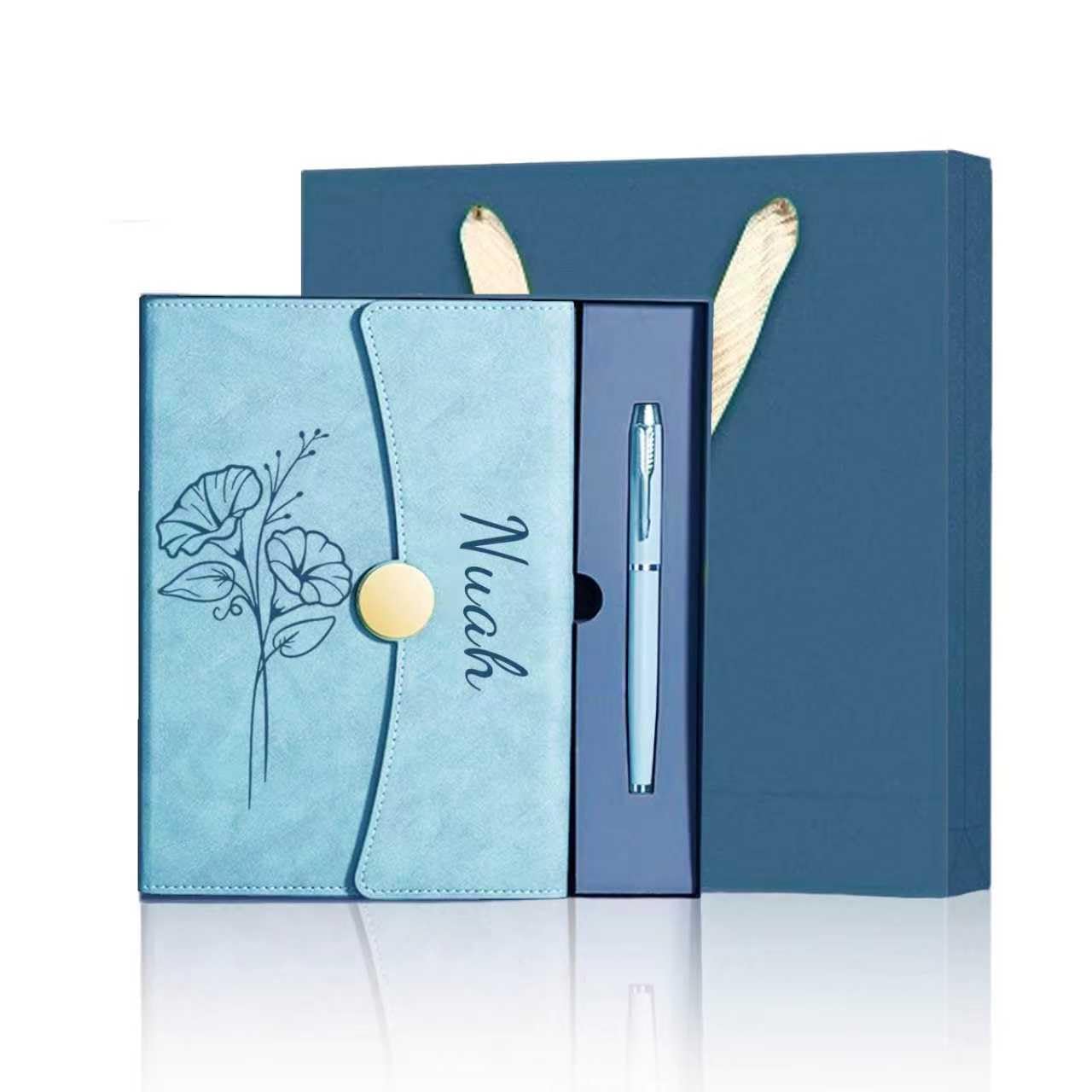 Personalized Notebook with Engraved Name & Birth Month Flowers โ Premium Faux Leather Classic Journal for Birthday, Graduation, Christmas, 200 Numbered Pages, 15 x 21 cm (Lightblue with gift box)