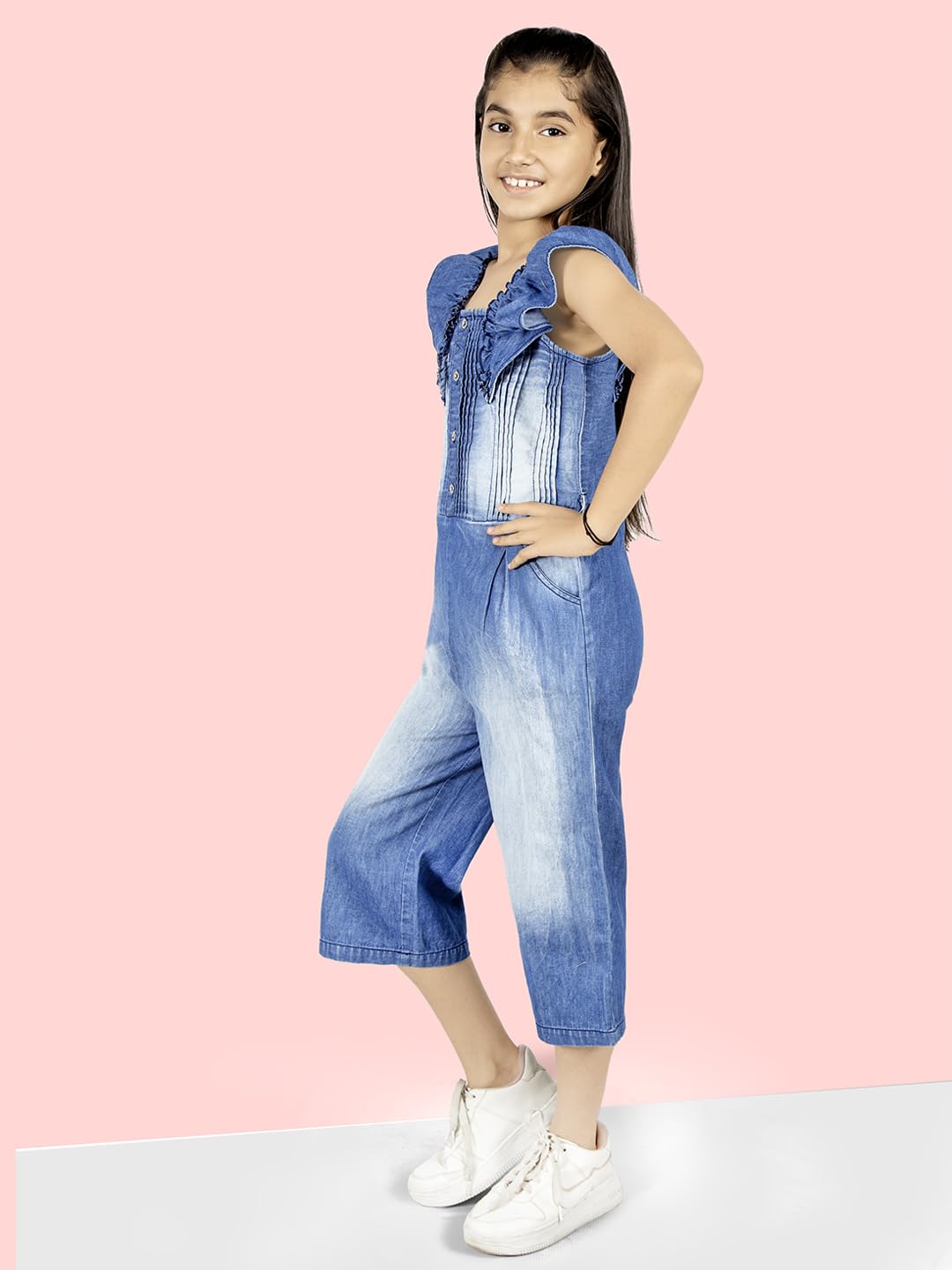 Naughty Ninos Girls Blue Denim Solid Jumpsuit (NN01009DRS_6-7 Years) - Image 3 thumbnail