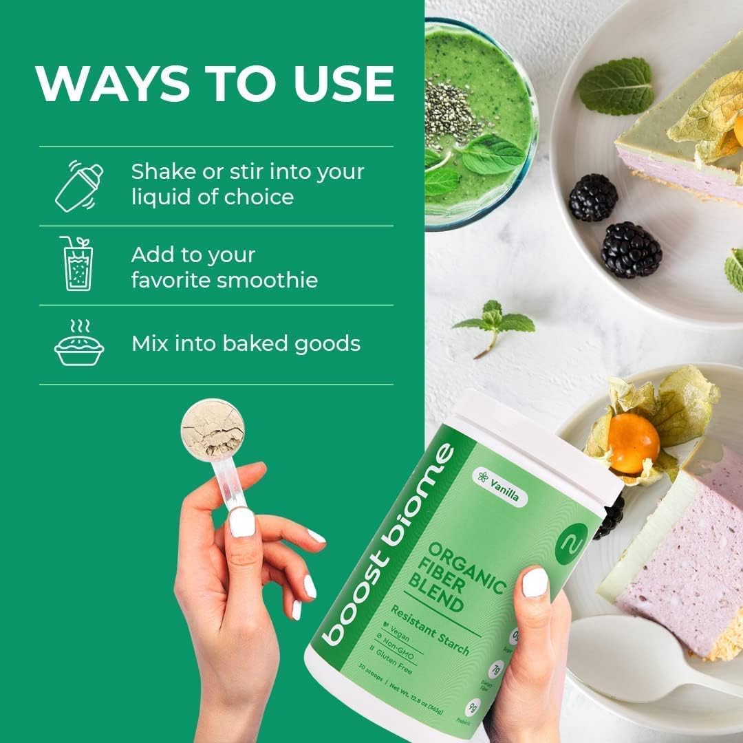 Boost Biome Organic Fiber Blend – Resistant Starch Powder with Green Banana Flour, Oat, Black Bean – Supports Bloating Relief, Gut Health, Leaky Gut, High Fiber & Prebiotic (30 Servings, Vanilla) : Health & Household